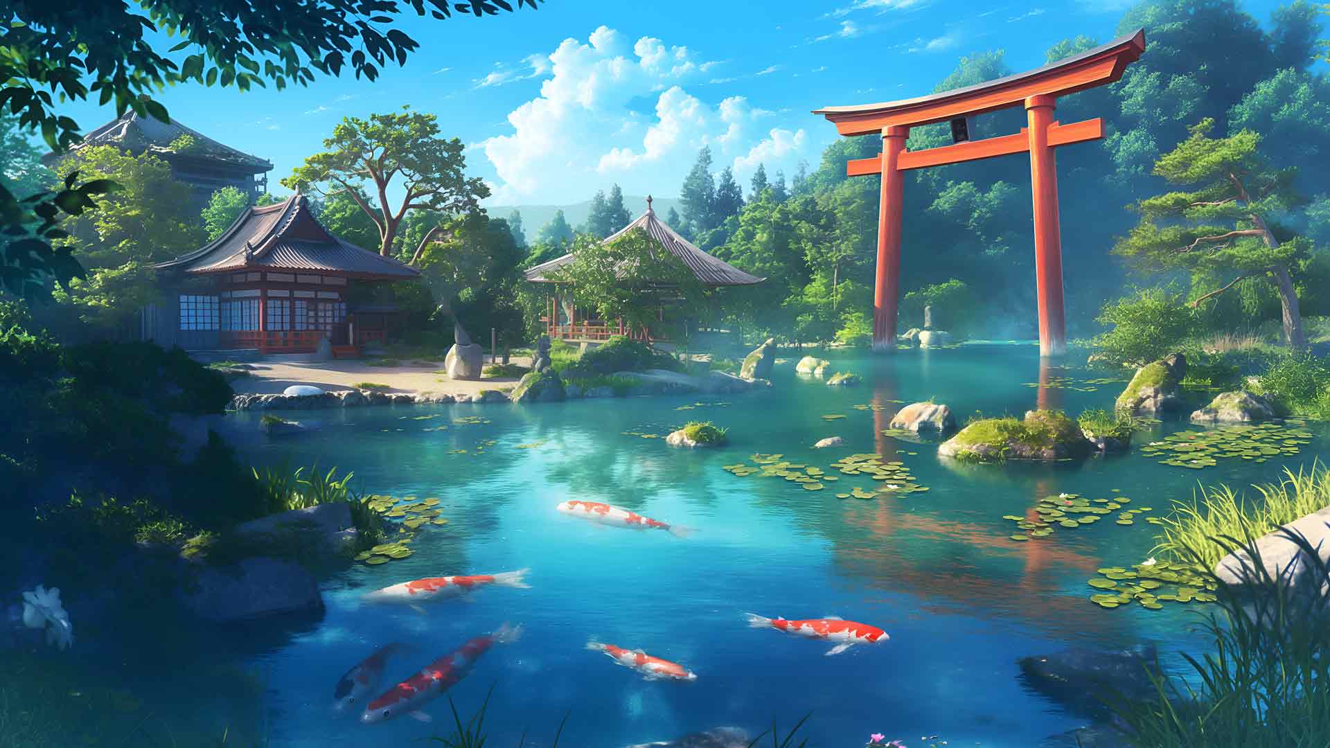 日本花园锦鲤池宁静桌面壁纸