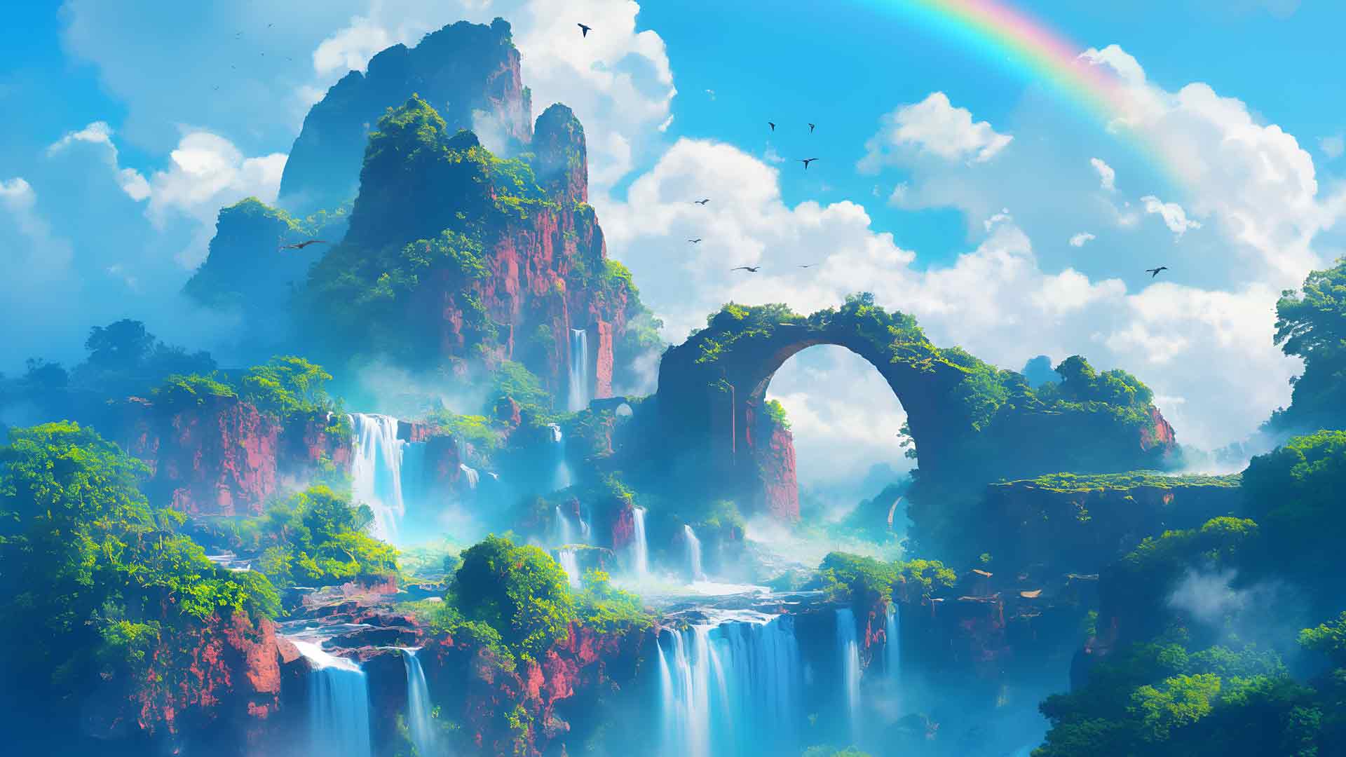 郁郁葱葱的瀑布充满活力的风景桌面壁纸