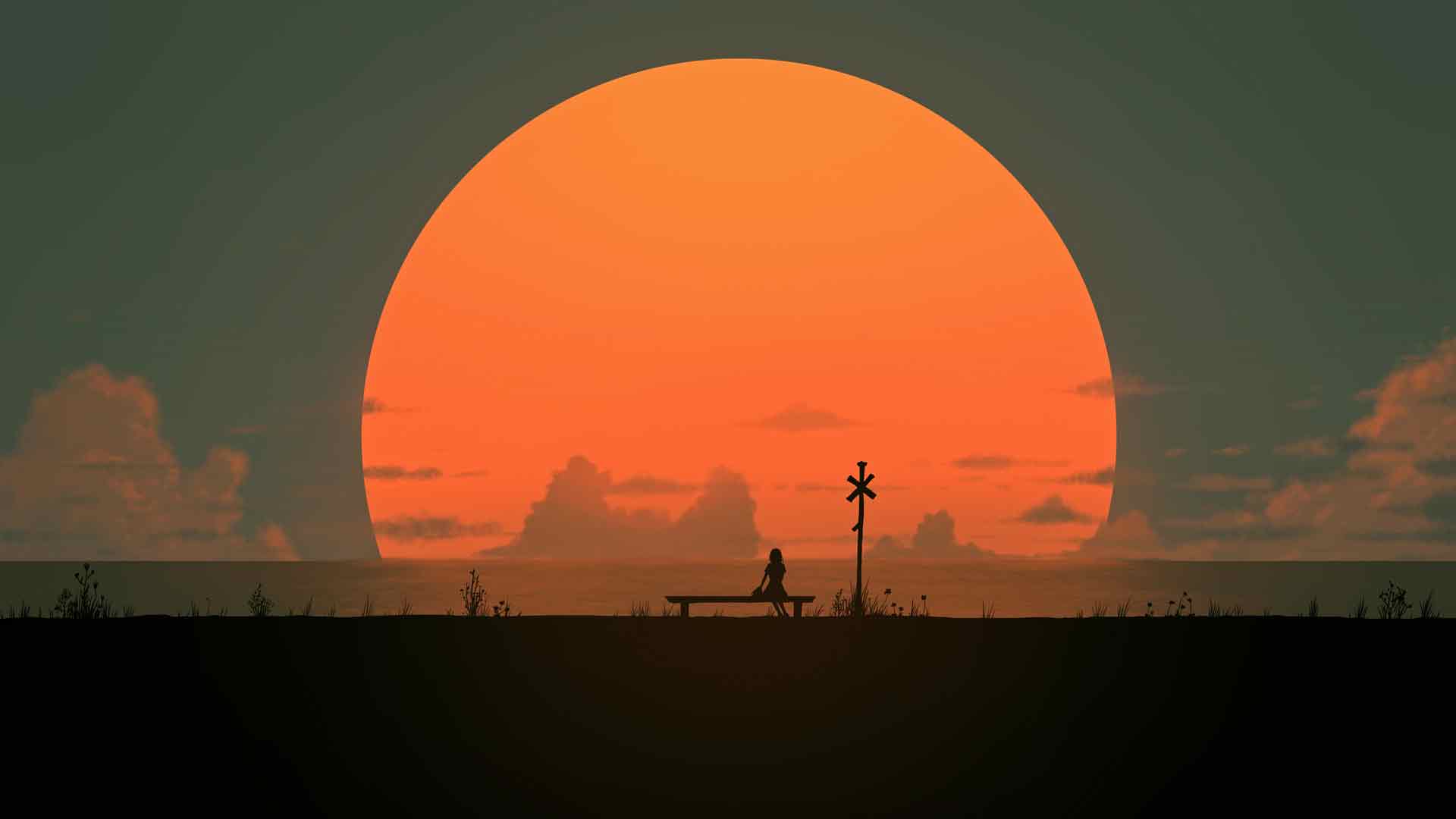 日落时分独自坐着的人，太阳很大