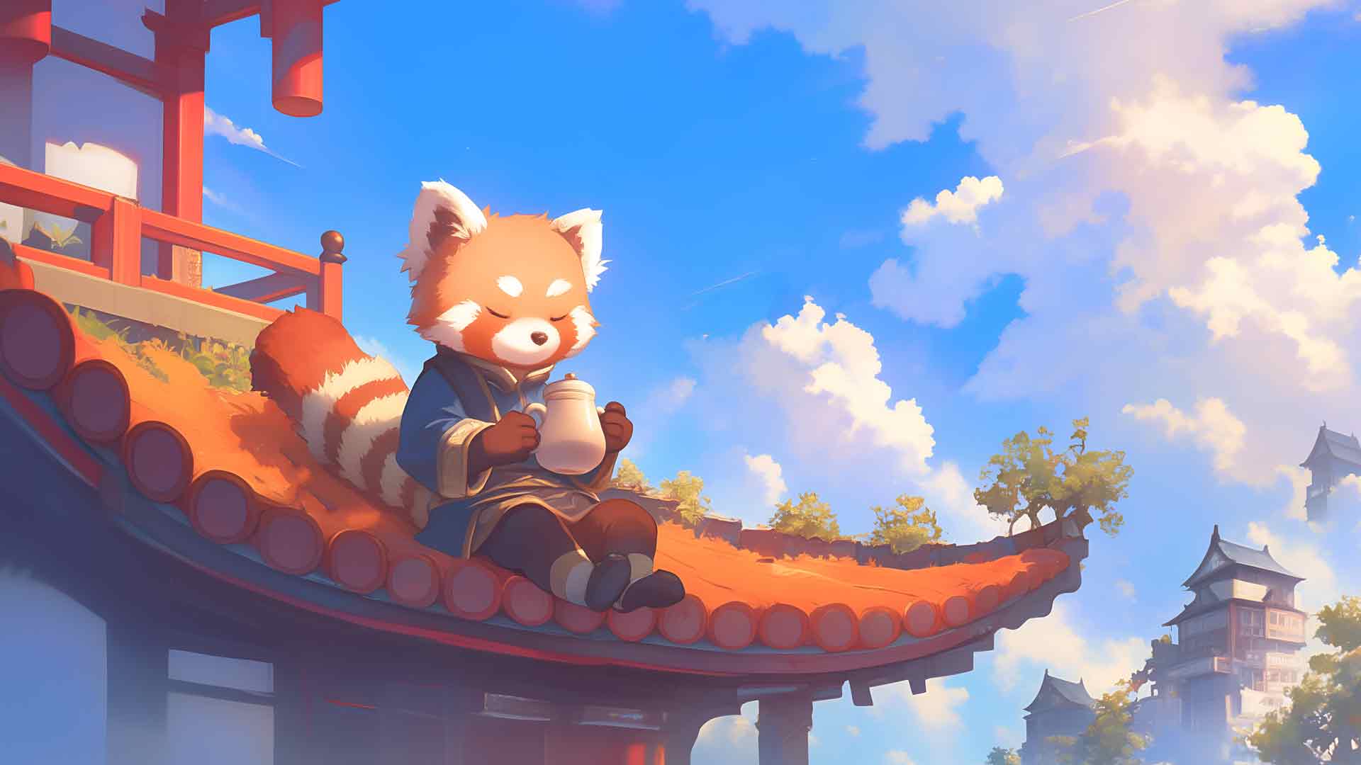 小熊猫茶云平静桌面壁纸