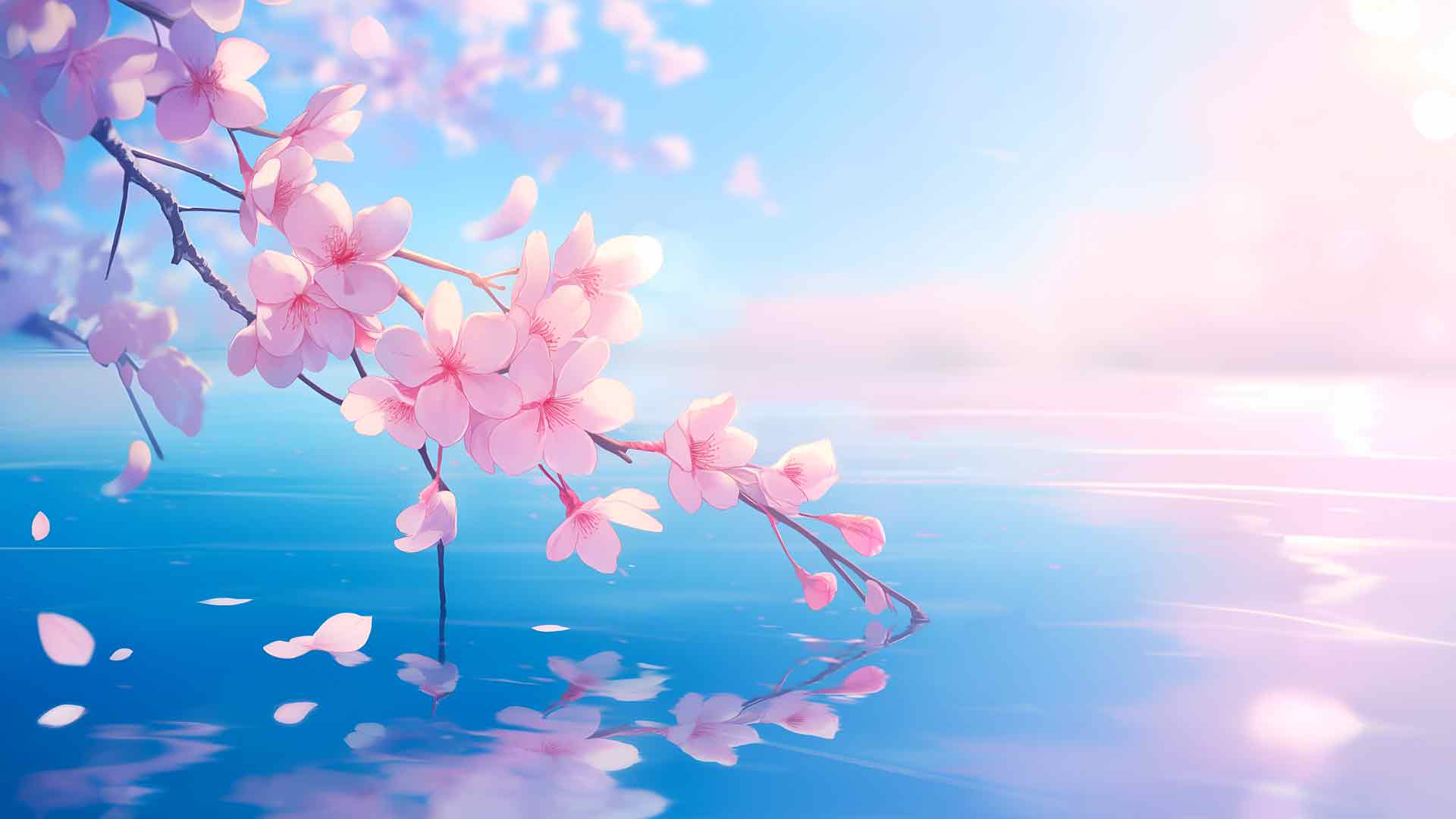 樱花枝飘河宁静唯美桌面壁纸
