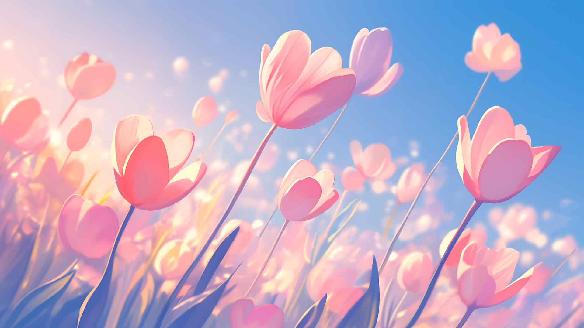 春天粉色郁金香花园微风桌面壁纸