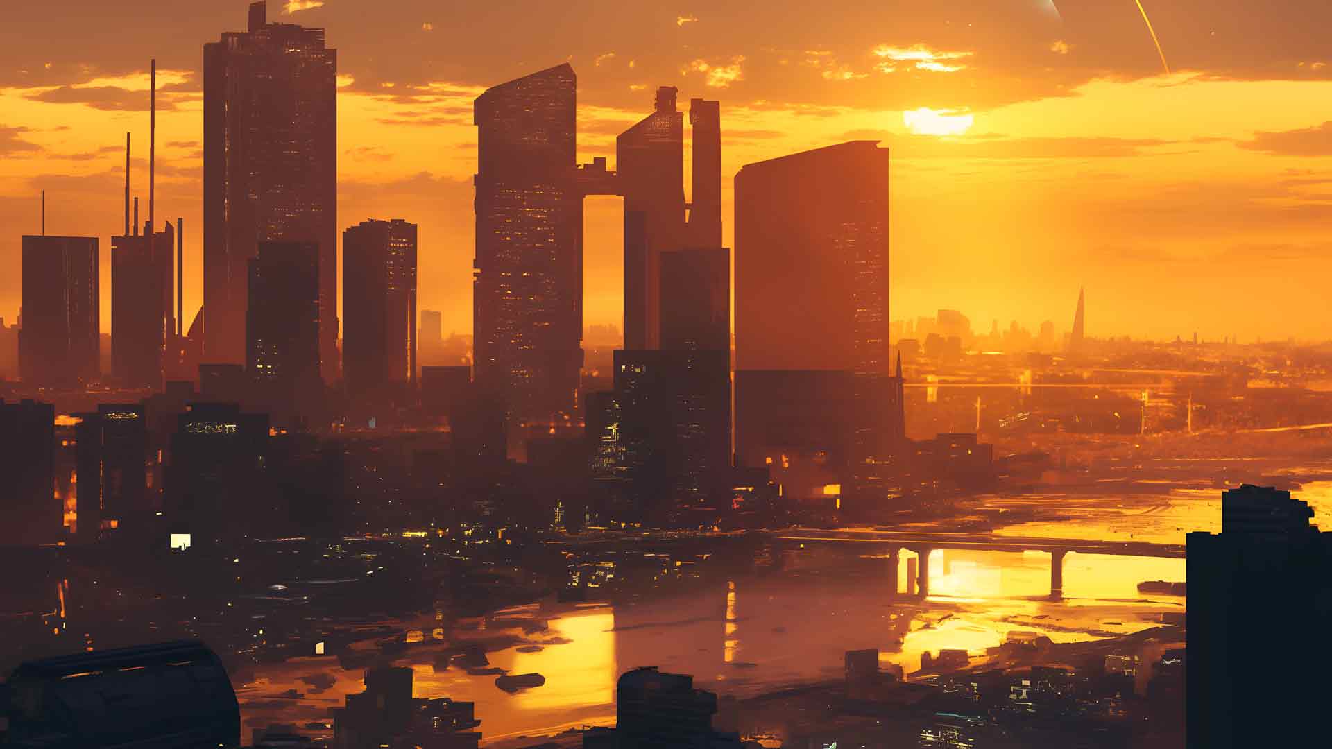 日落城市景观金色光芒桌面壁纸