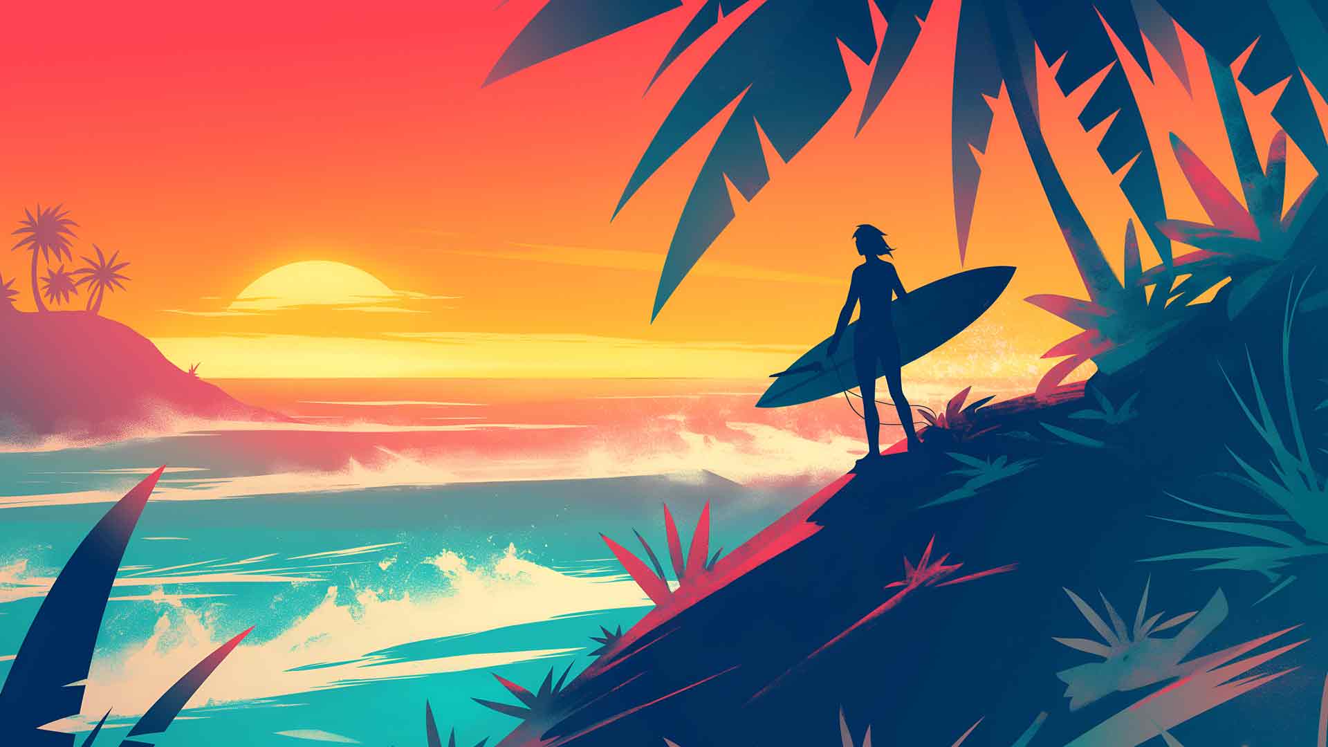冲浪者海洋日落光芒桌面壁纸