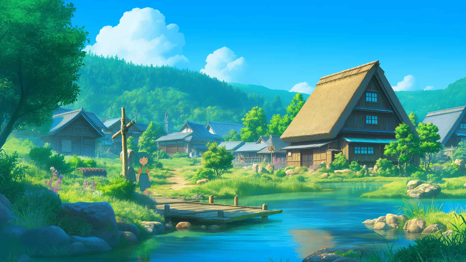 茅草屋顶房屋河流桌面壁纸