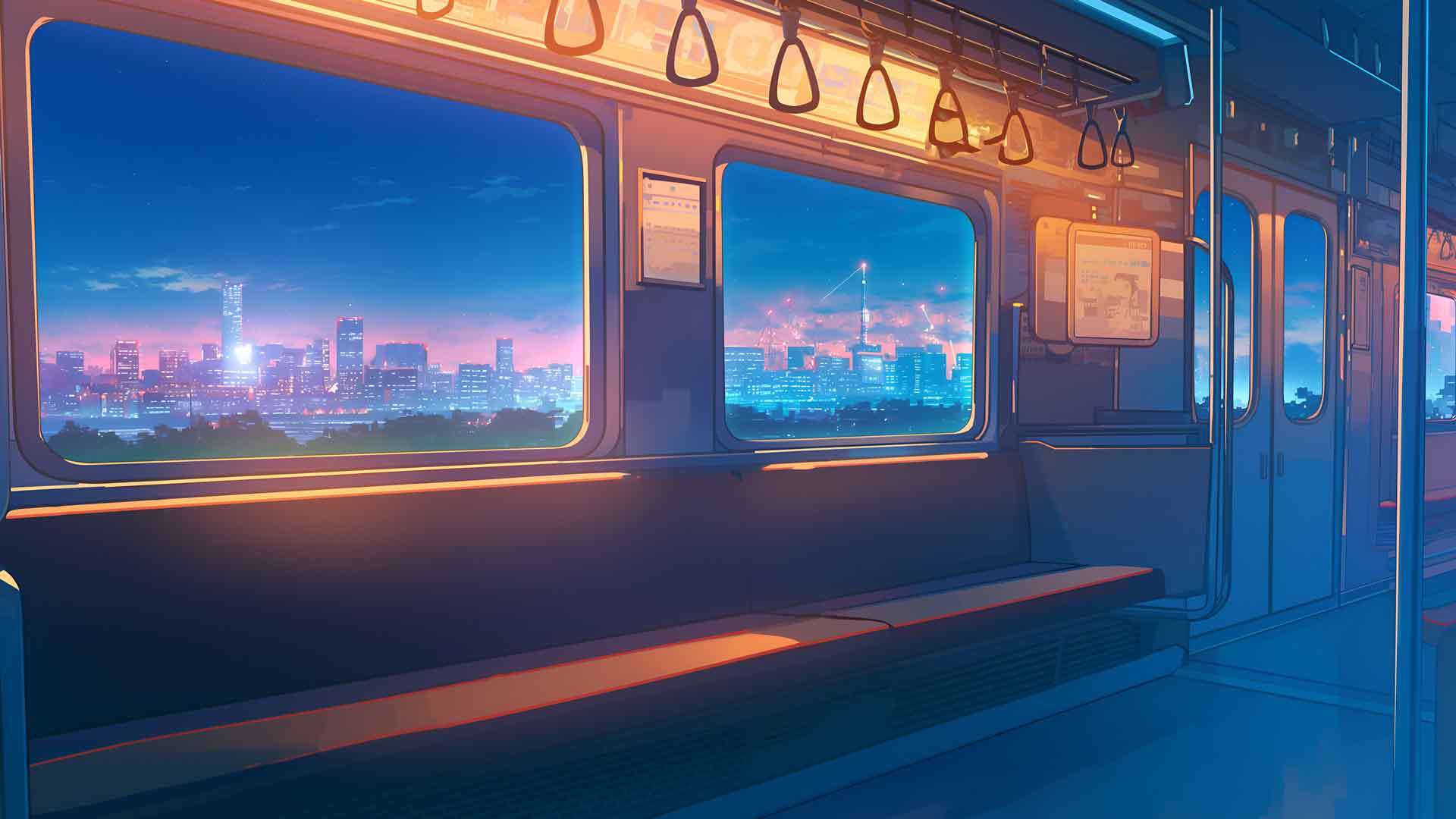 火车窗外的夜晚城市灯光桌面壁纸