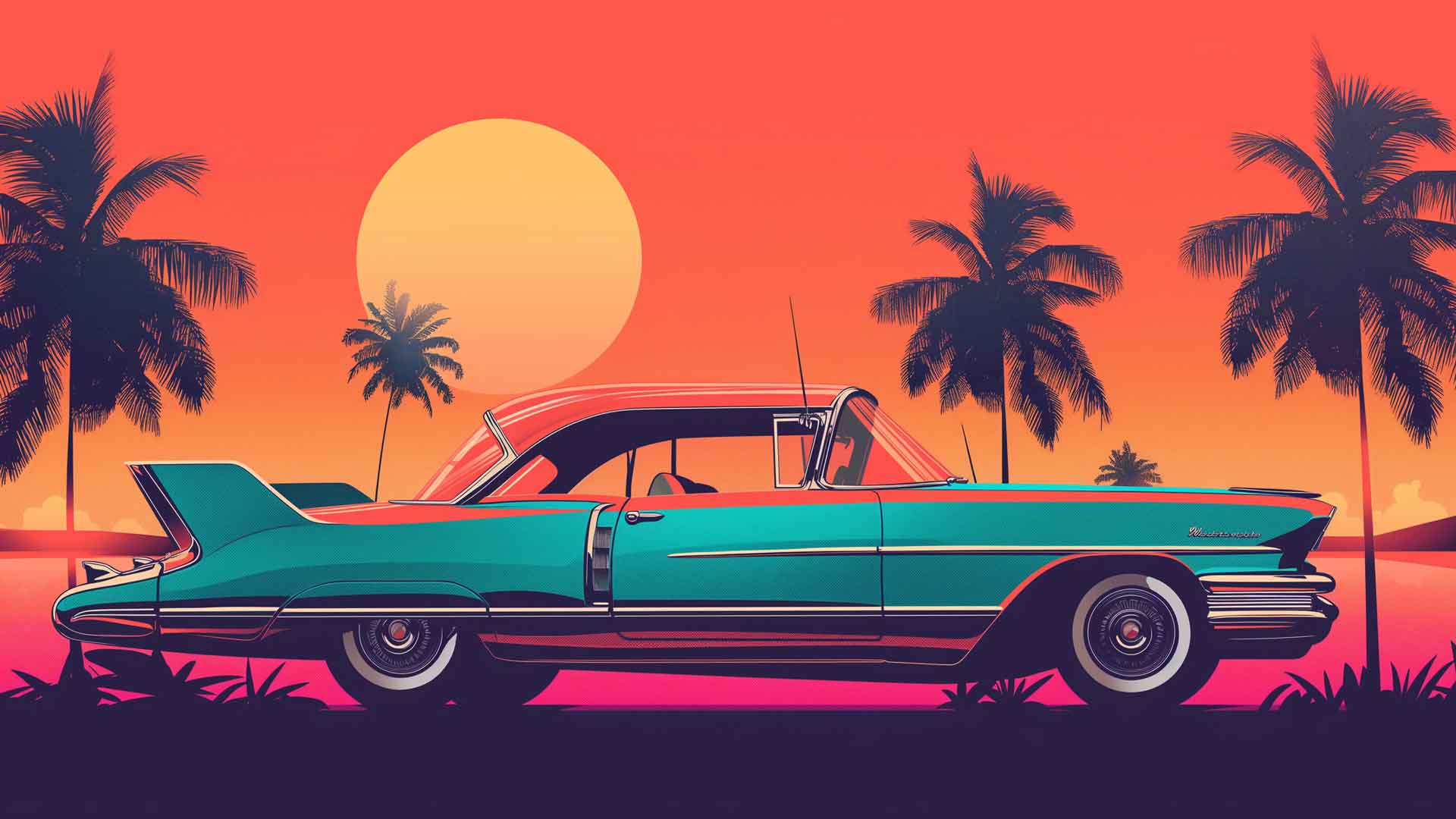 复古凯迪拉克海滩日落桌面壁纸