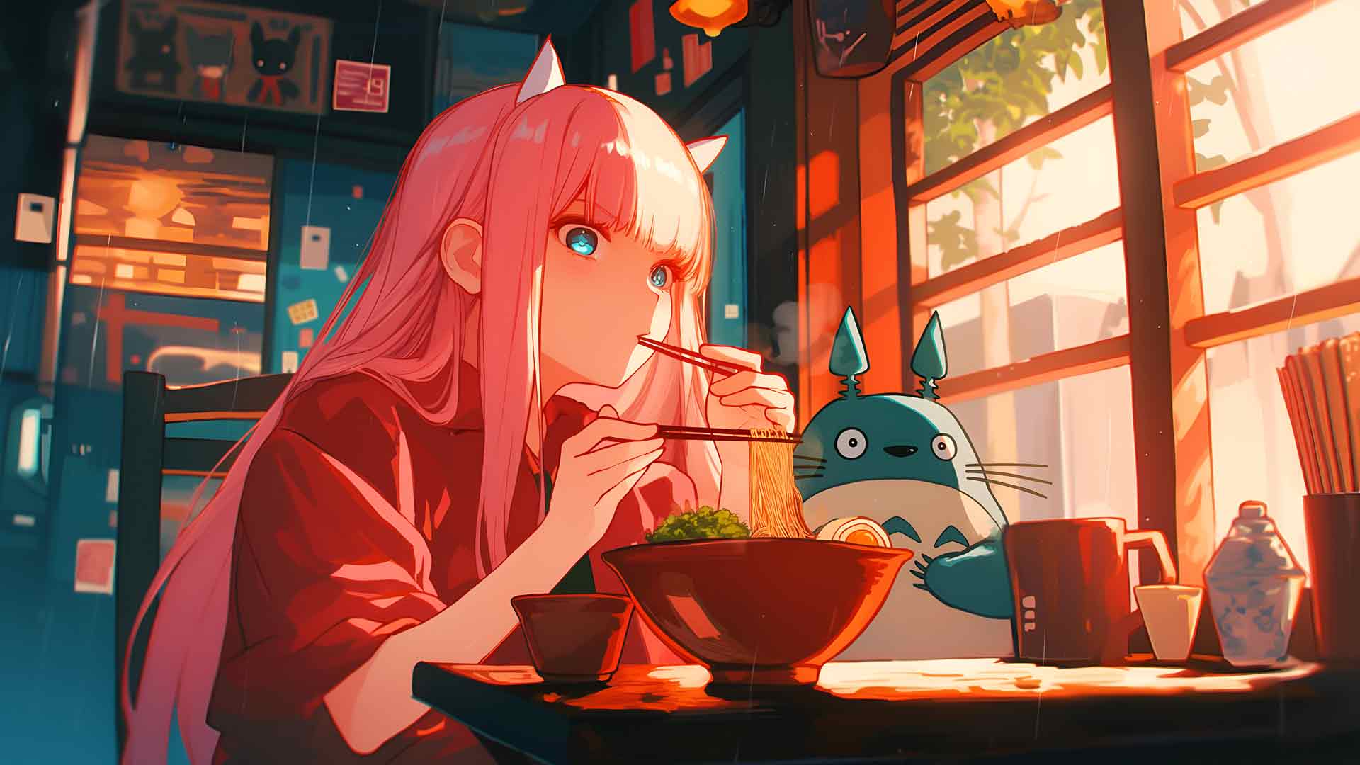 Zero Two 与龙猫一起享用拉面桌面壁纸