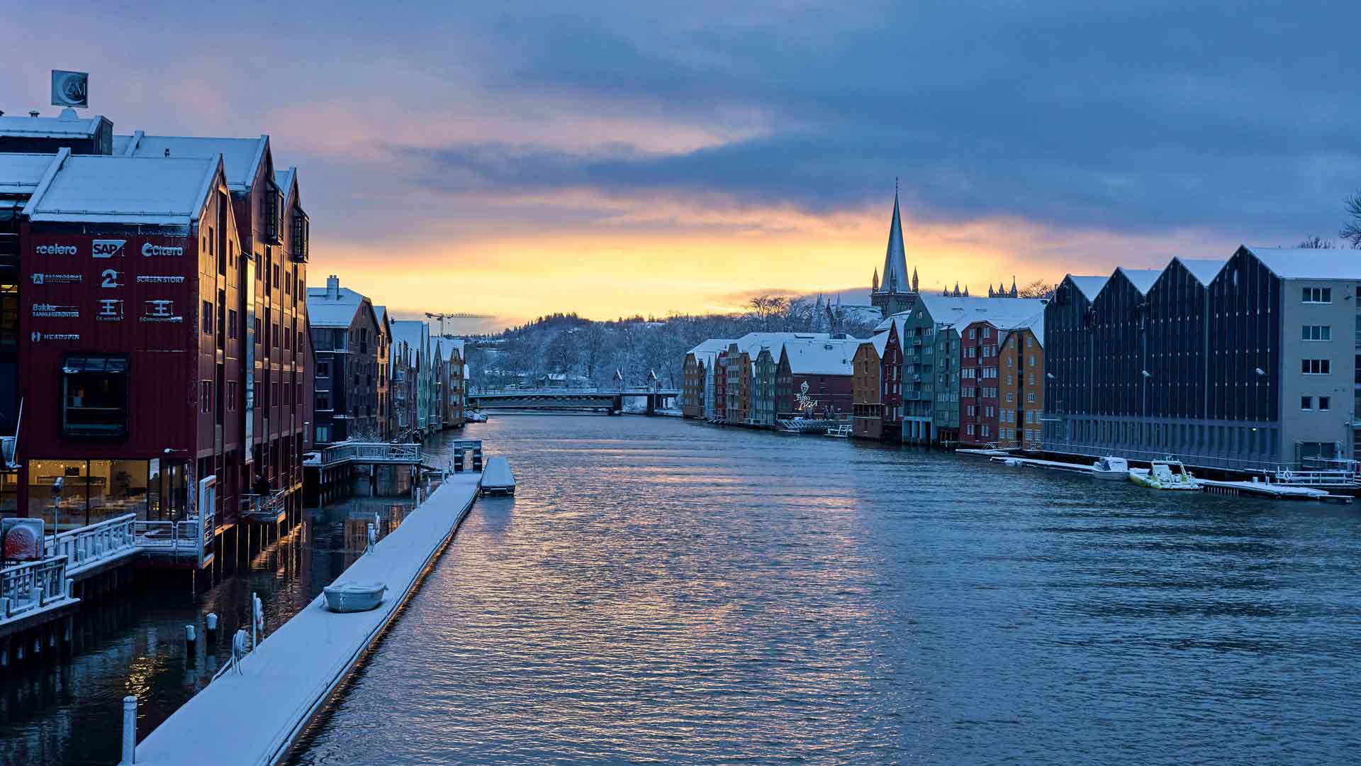 日落，雪，冬季，河流，特隆赫姆，挪威，5K