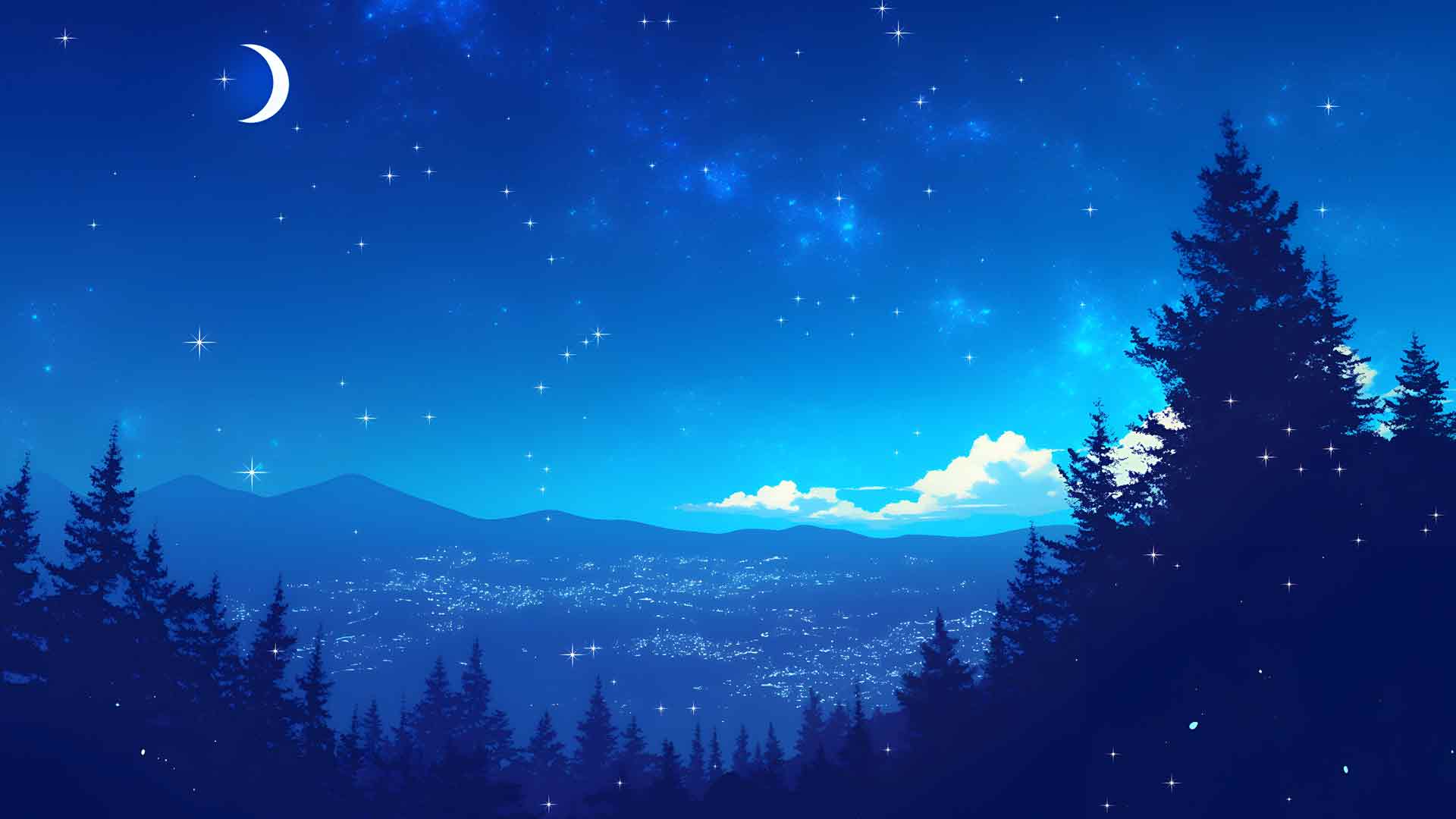 动漫森林上空的新月桌面壁纸