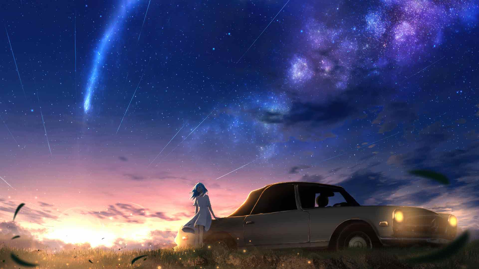 流星下的动漫女孩梦幻汽车