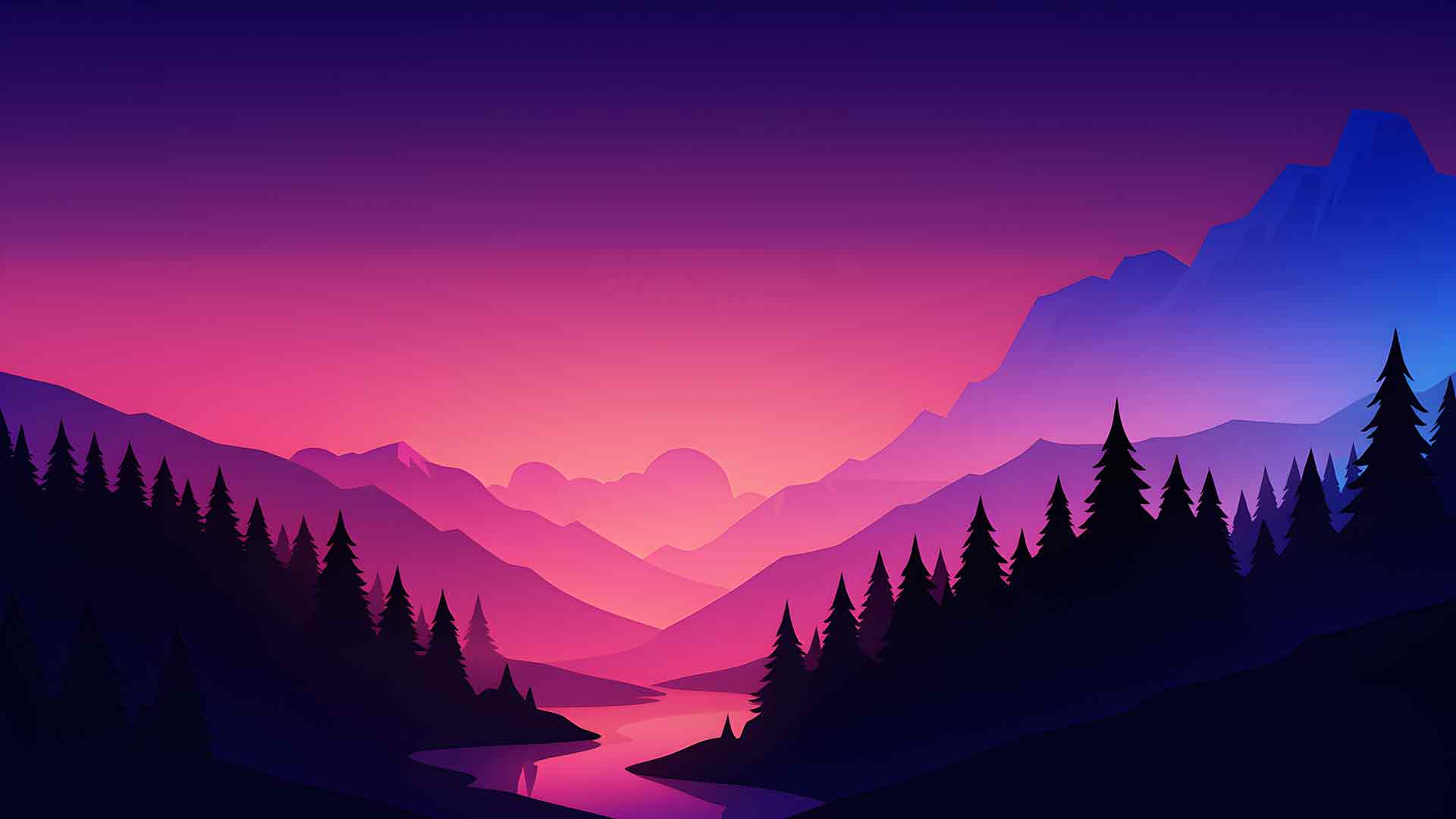 紫色日落松谷风景桌面壁纸