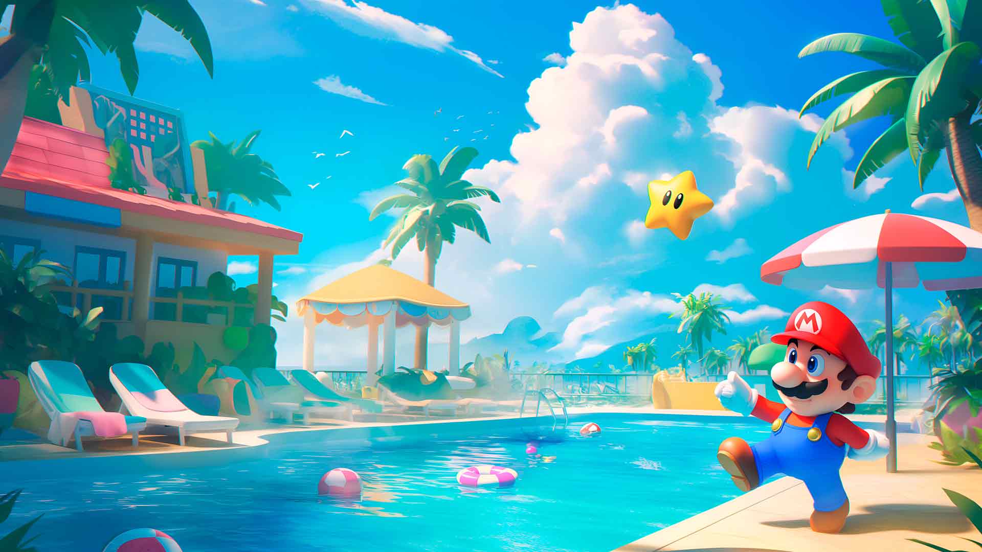 超级马里奥泳池边趣味桌面壁纸