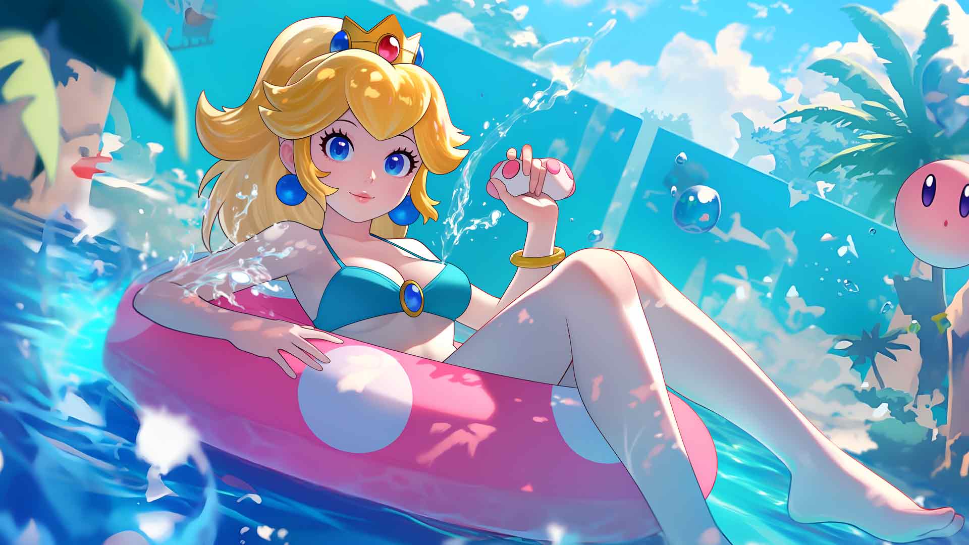 超级马里奥公主桃子泳池边趣味桌面壁纸