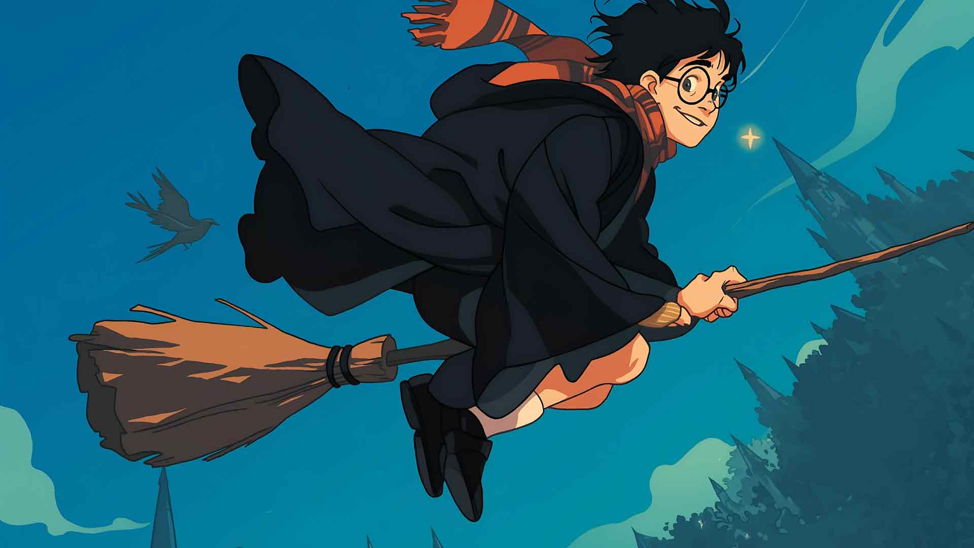 哈利·波特骑着扫帚飞行桌面壁纸