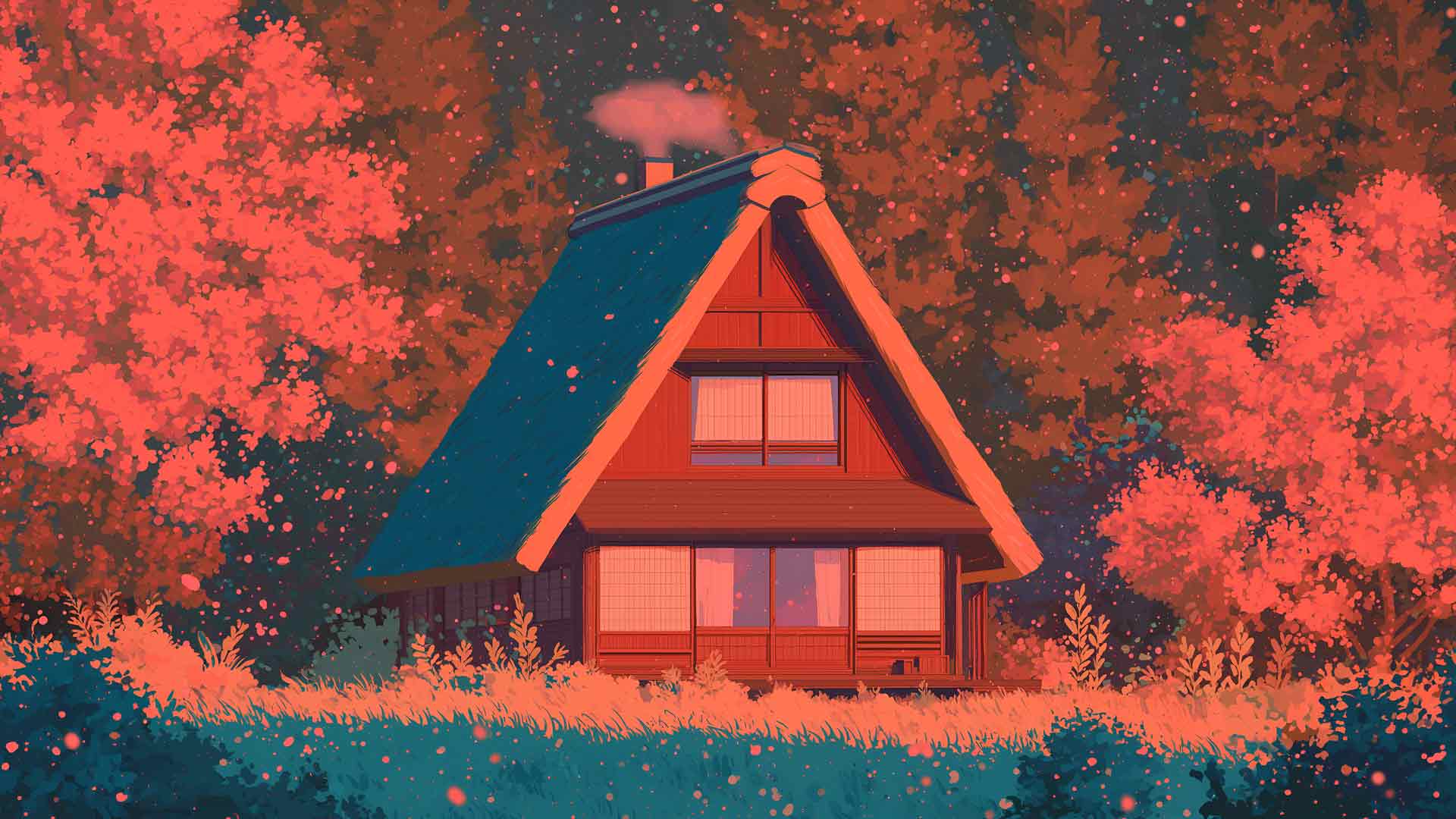 动漫茶馆秋日红叶和舒适小屋桌面壁纸