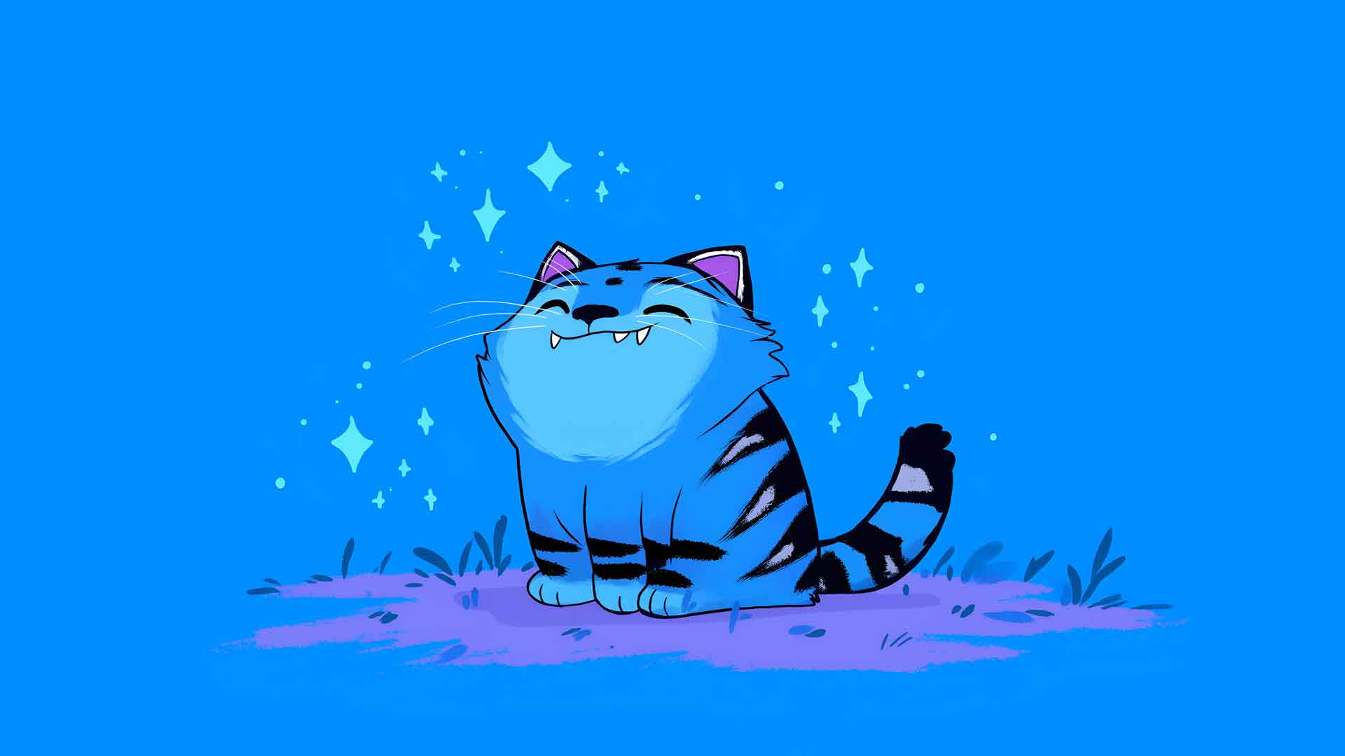 天蓝色的猫开心的笑容蓝色背景闪耀桌面壁纸