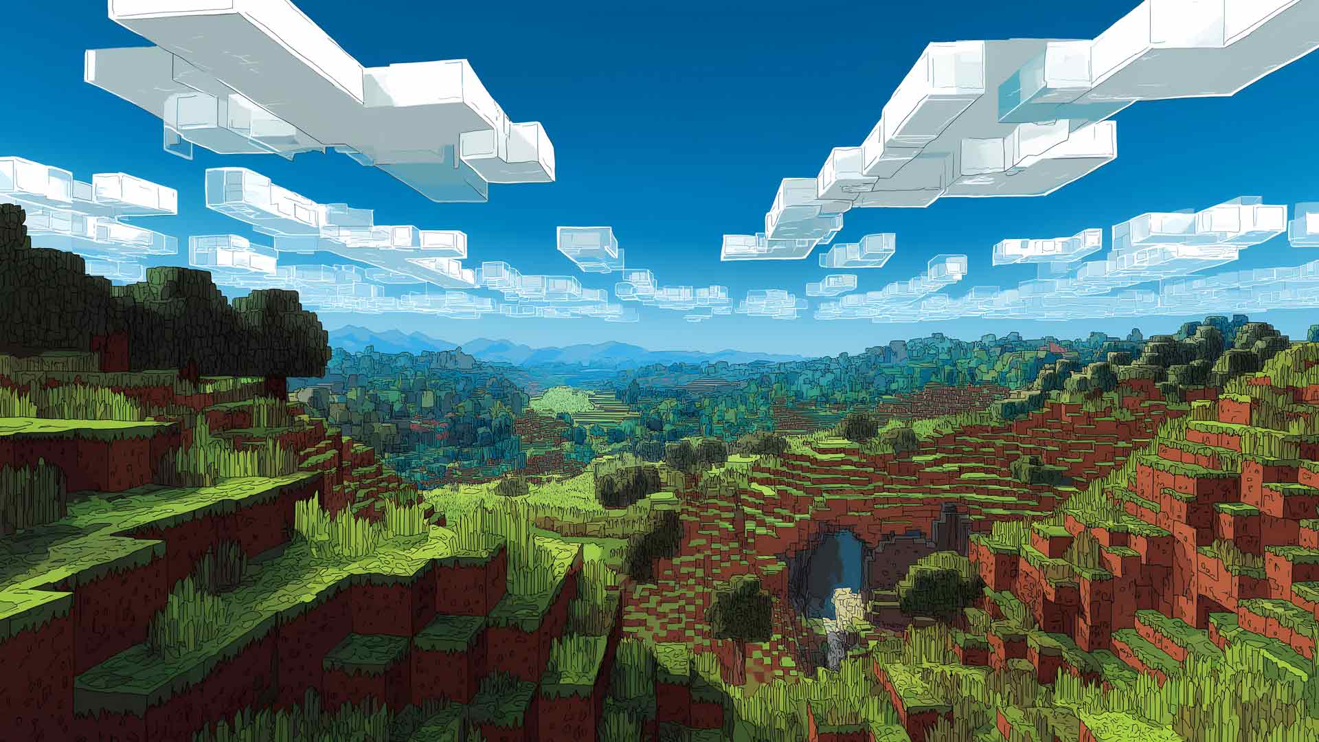 我的世界风格化单元格阴影风景桌面壁纸