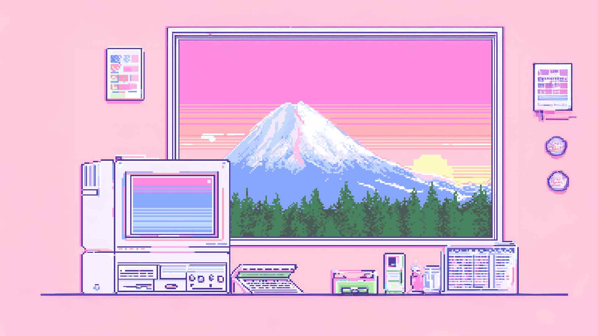 像素艺术富士山粉色活力 桌面壁纸