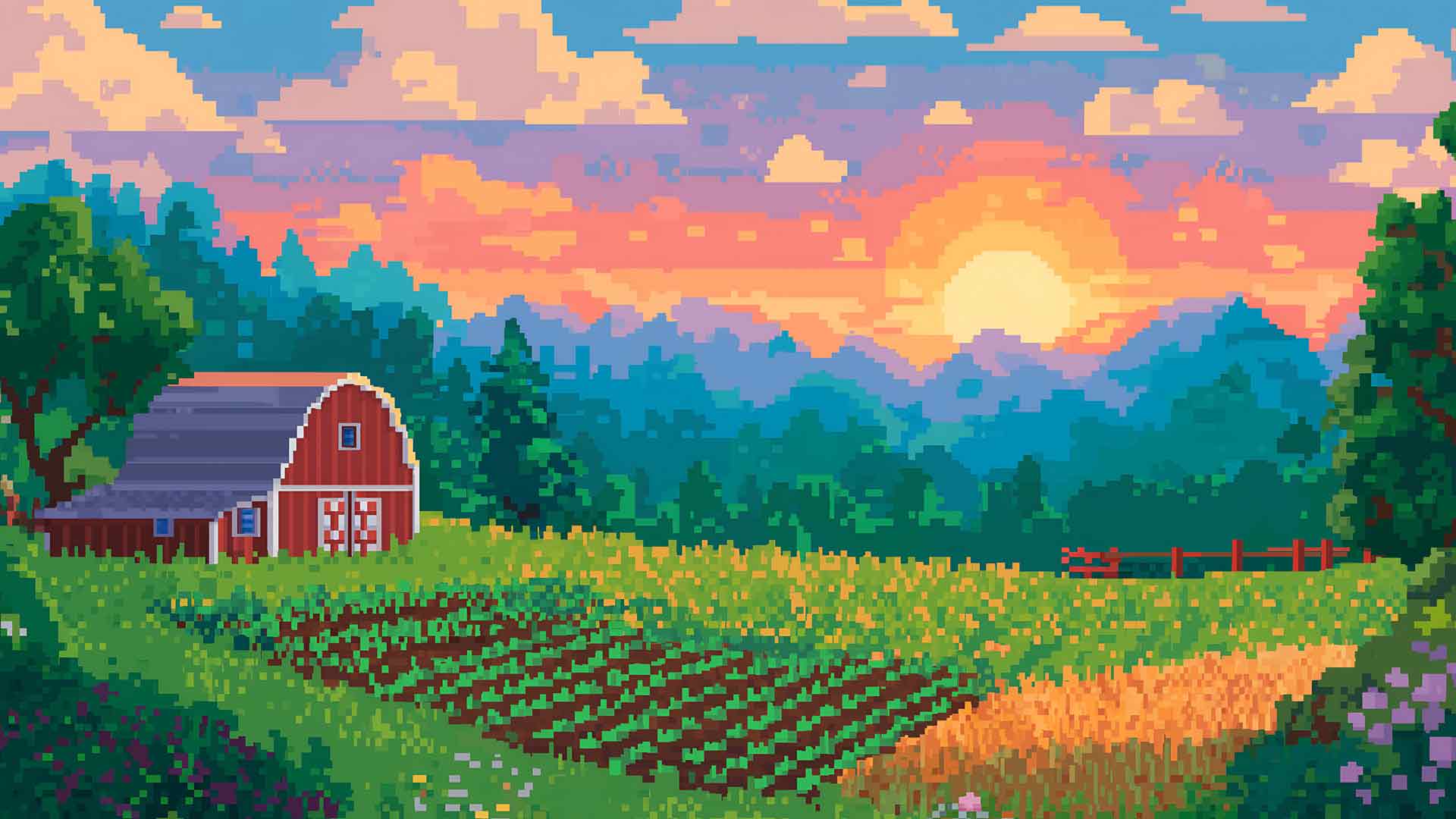 星露谷物语日落像素农场谷仓桌面壁纸