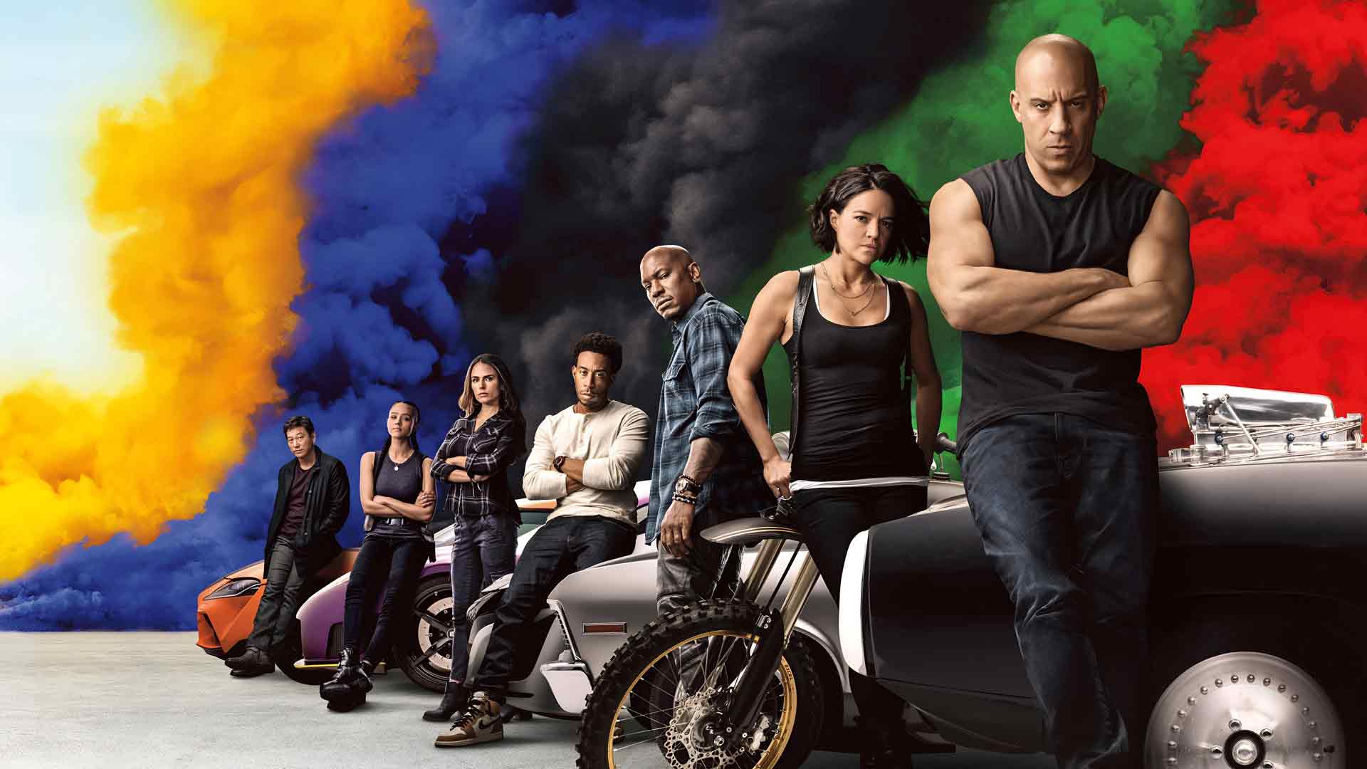 《速度与激情9》范·迪塞尔、米歇尔·罗德里格兹及其他演员摆姿势的桌面壁纸