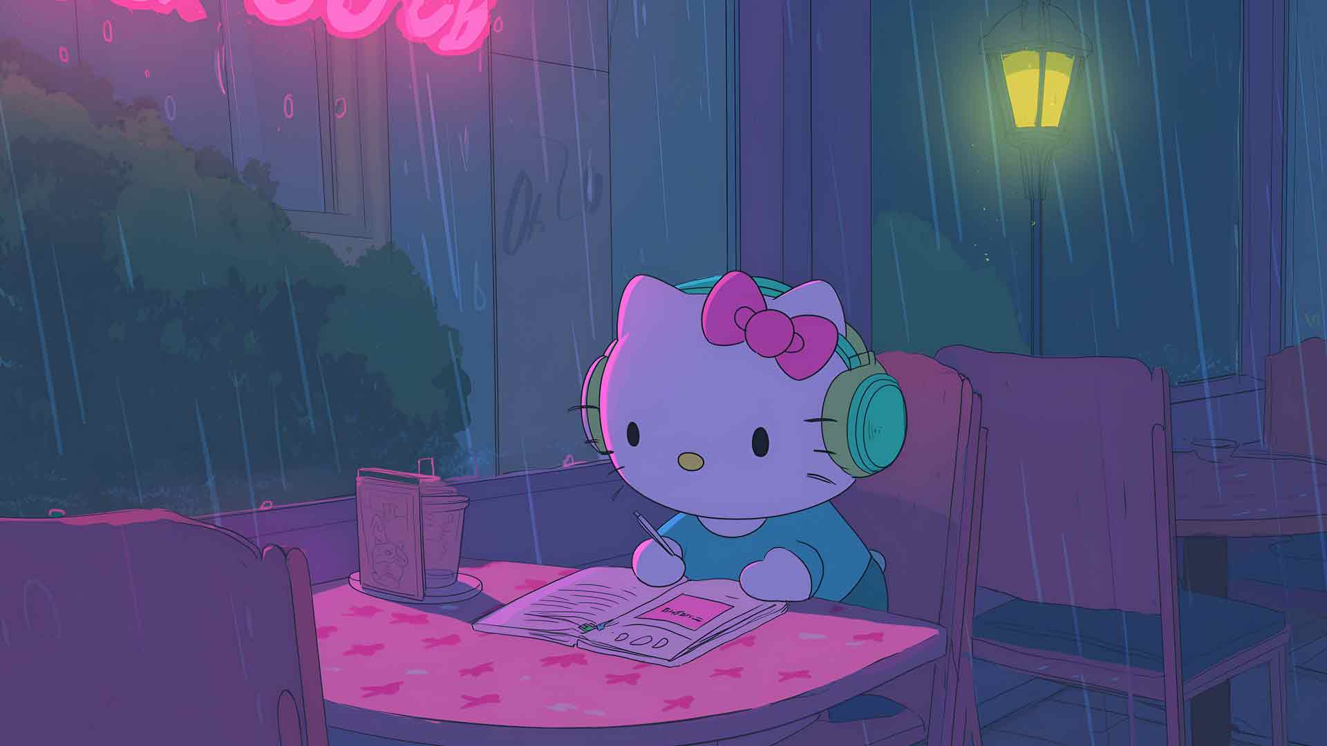 美学Hello Kitty雨中学习桌面壁纸