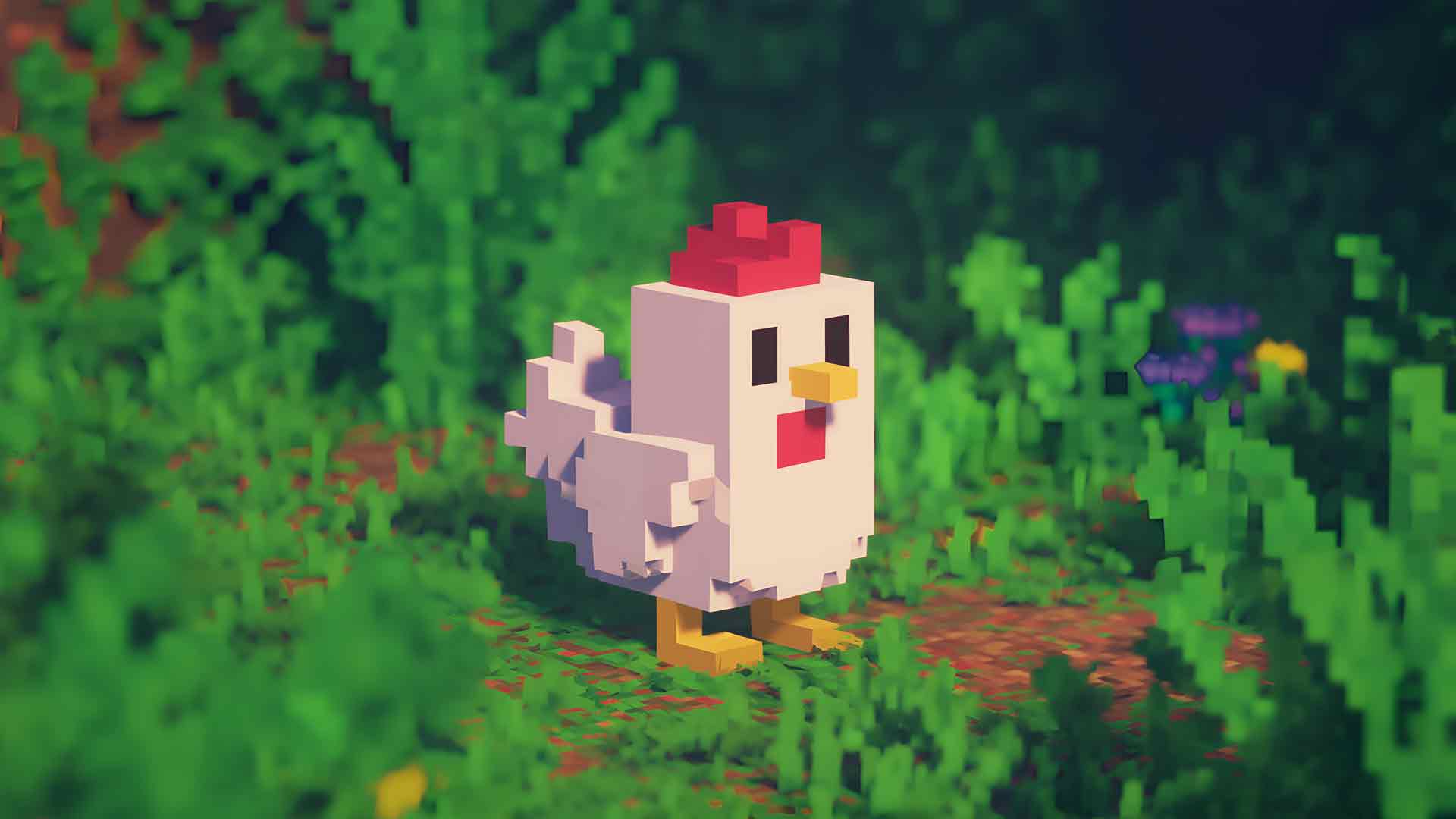 我的世界草丛中的小鸡像素艺术可爱生物桌面壁纸