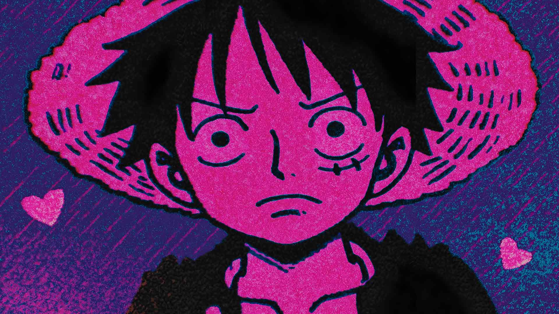 海贼王路飞愤怒波普艺术粉色美学桌面壁纸