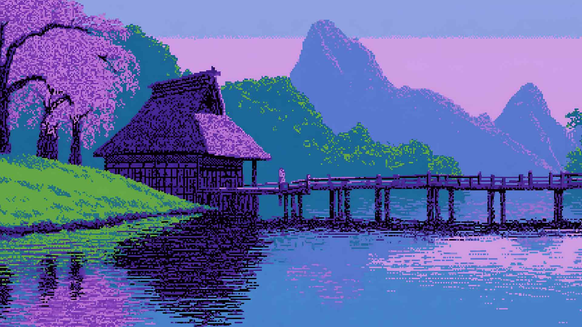 像素艺术日式风景樱花桥桌面壁纸