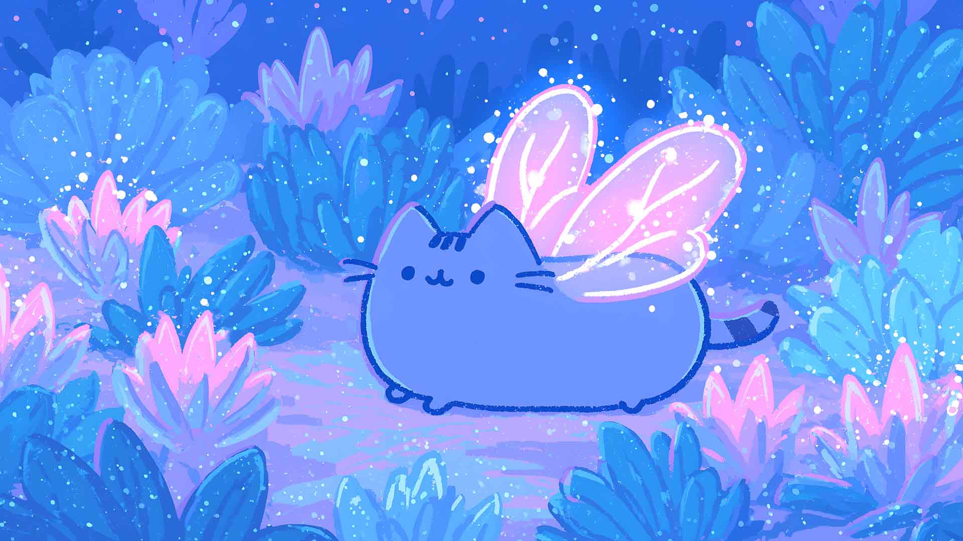 胖吉猫仙女翅膀闪耀魔法蓝森林桌面壁纸