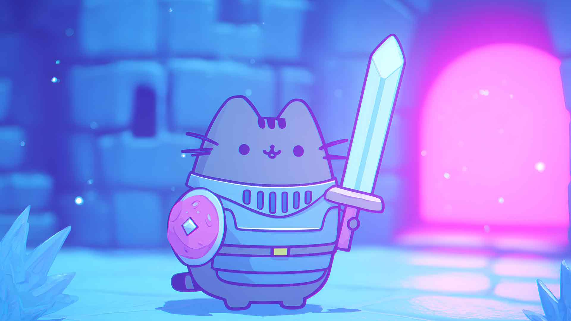 胖吉猫骑士盔甲剑盾蓝色奇幻桌面壁纸