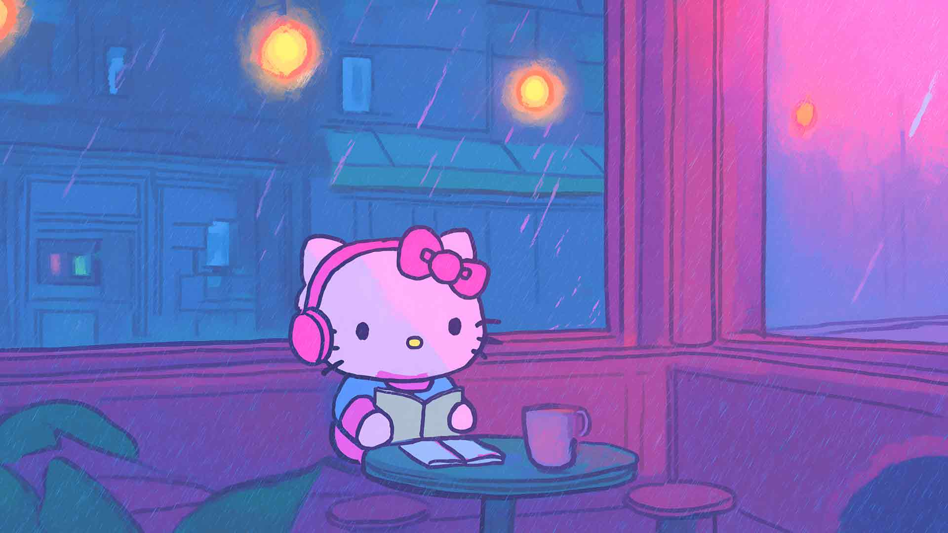 三丽鸥 Hello Kitty Lofi 咖啡馆雨夜桌面壁纸