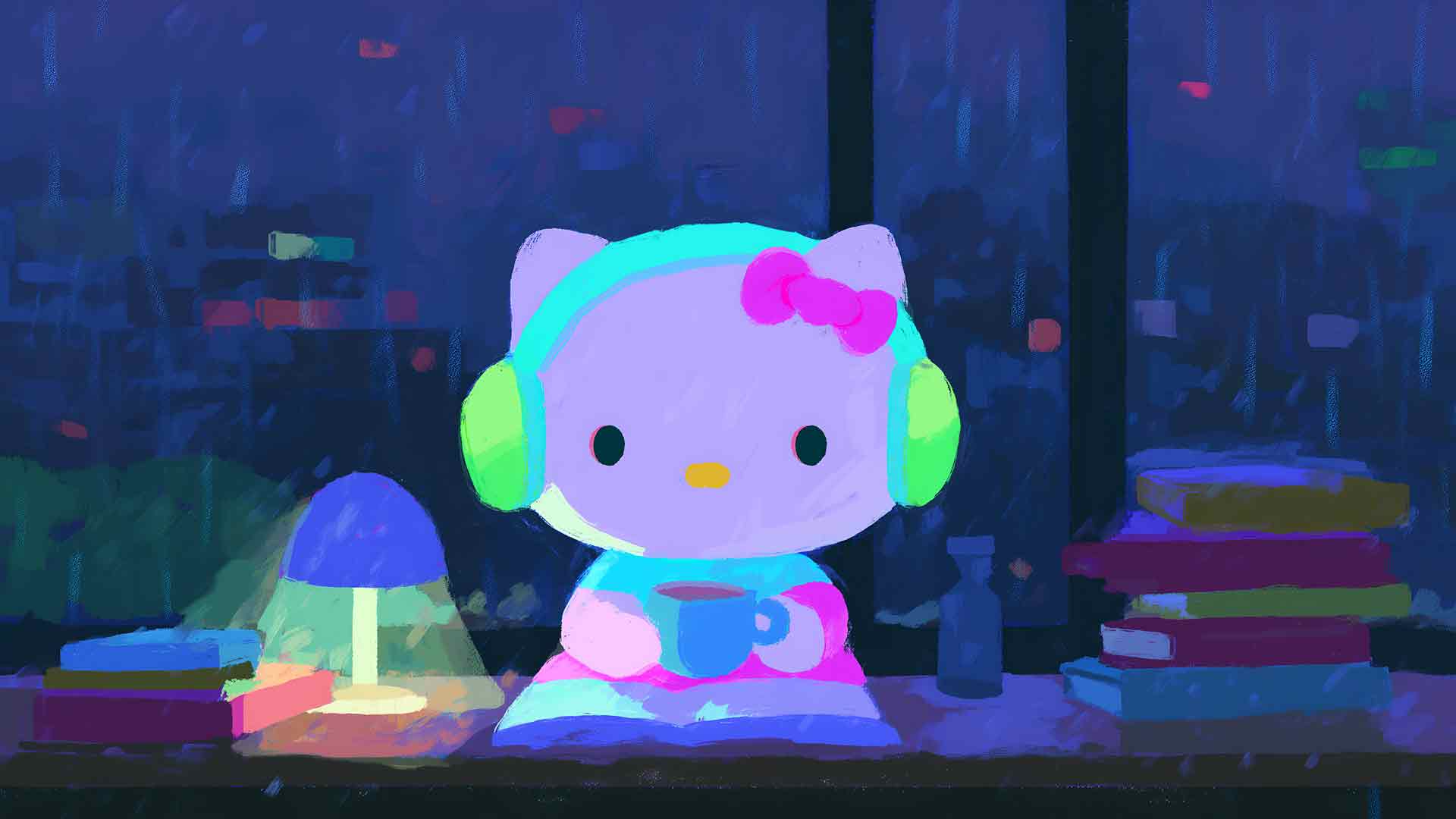 三丽鸥 Hello Kitty Lofi 学习雨夜桌面壁纸