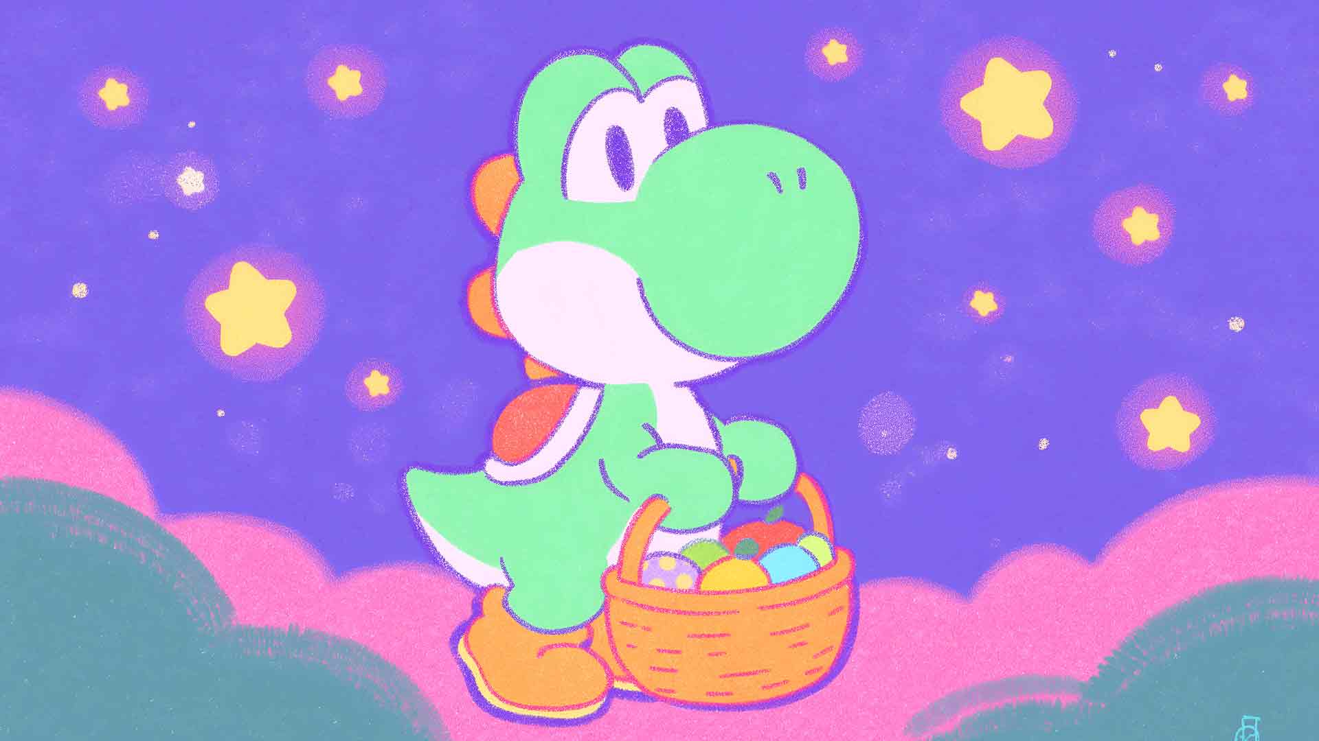 超级马里奥耀西Q版星星和云朵可爱桌面壁纸