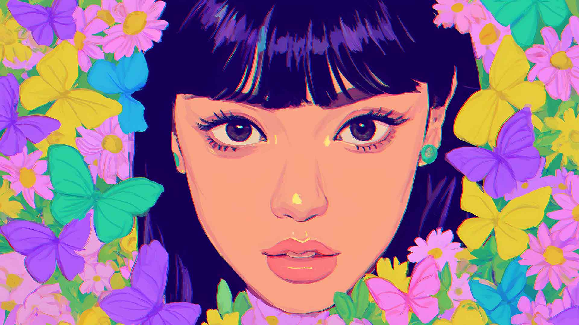 女人 花朵 蝴蝶 春日活力 桌面壁纸