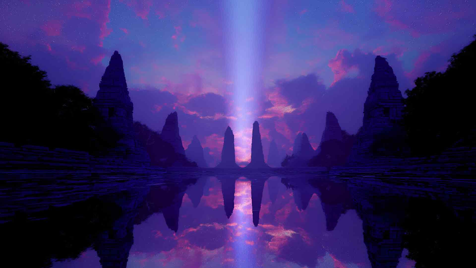 古代寺庙遗址紫色天空水面倒影桌面壁纸