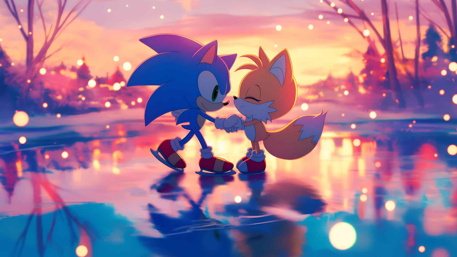 Q版索尼克和塔尔斯在冰封的湖面上滑行温馨的4K桌面壁纸。