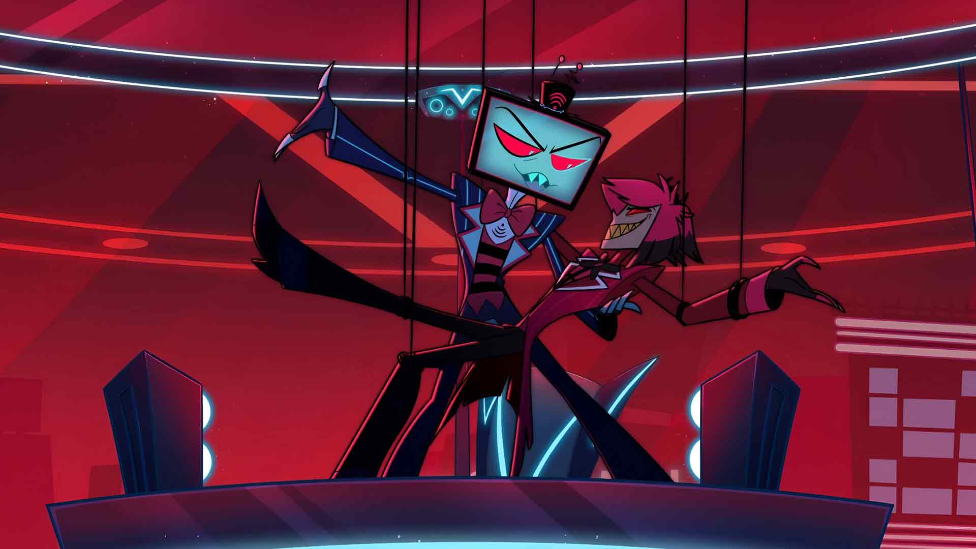 Hazbin Hotel Vox 和 Valentino 在红灯区跳舞的桌面壁纸