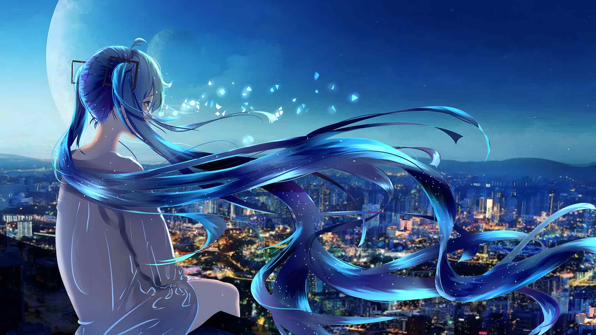 初音未来电影长蓝发城市景观桌面壁纸