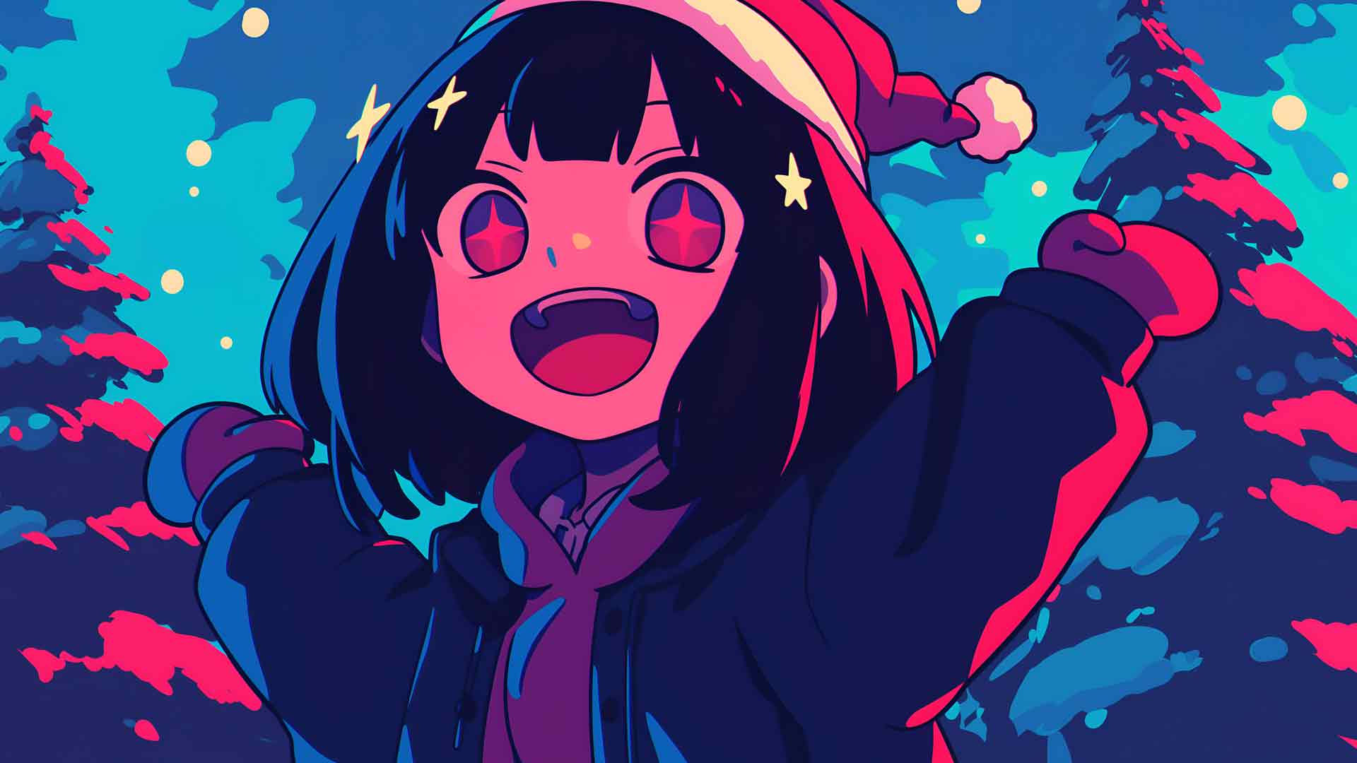 可爱的冬日星野爱Q版小美戴着温暖的冬帽，闪闪发光的星光眼超萌4K桌面壁纸