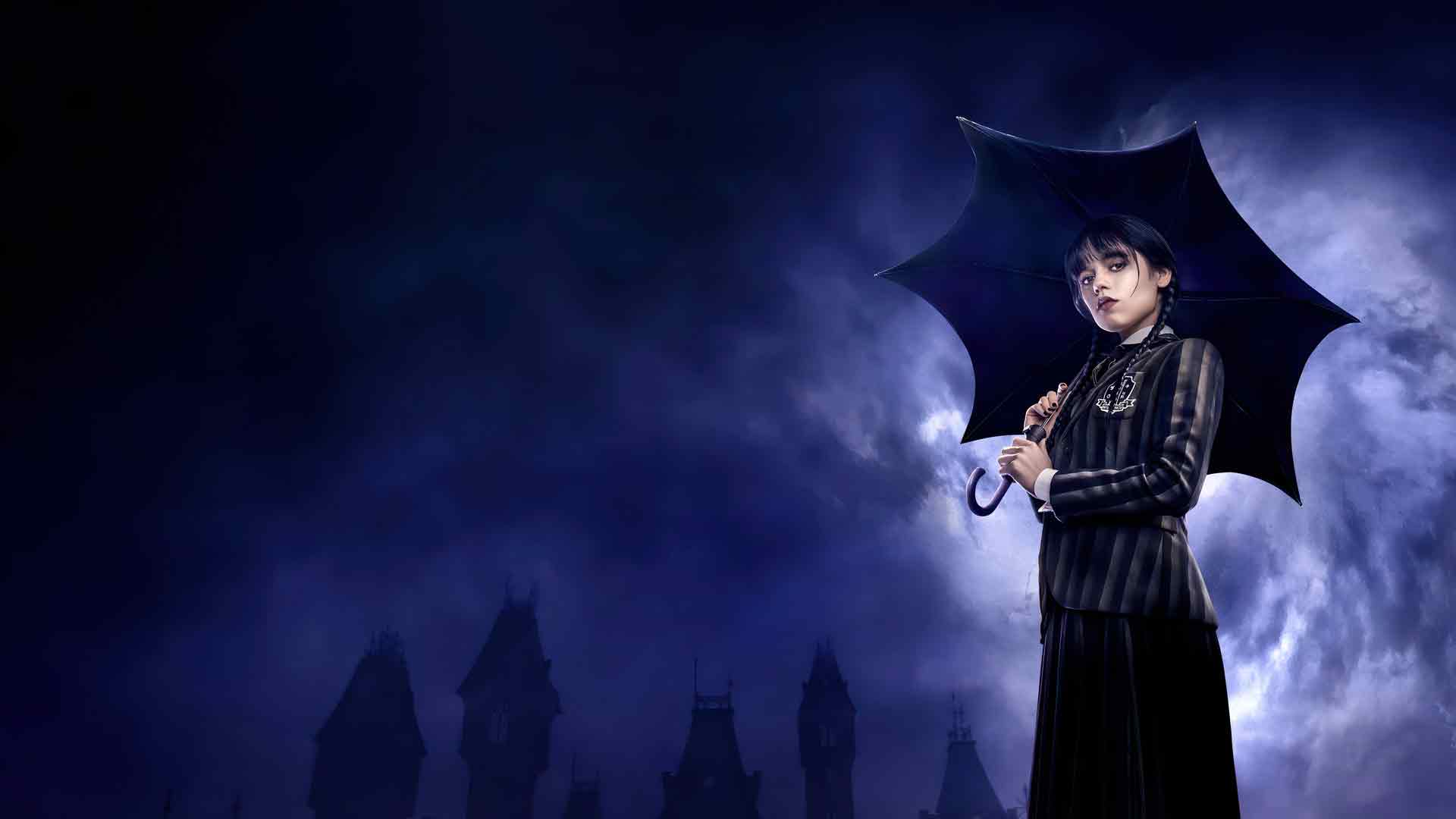 星期三 Jenna Ortega 雨伞夜空桌面壁纸