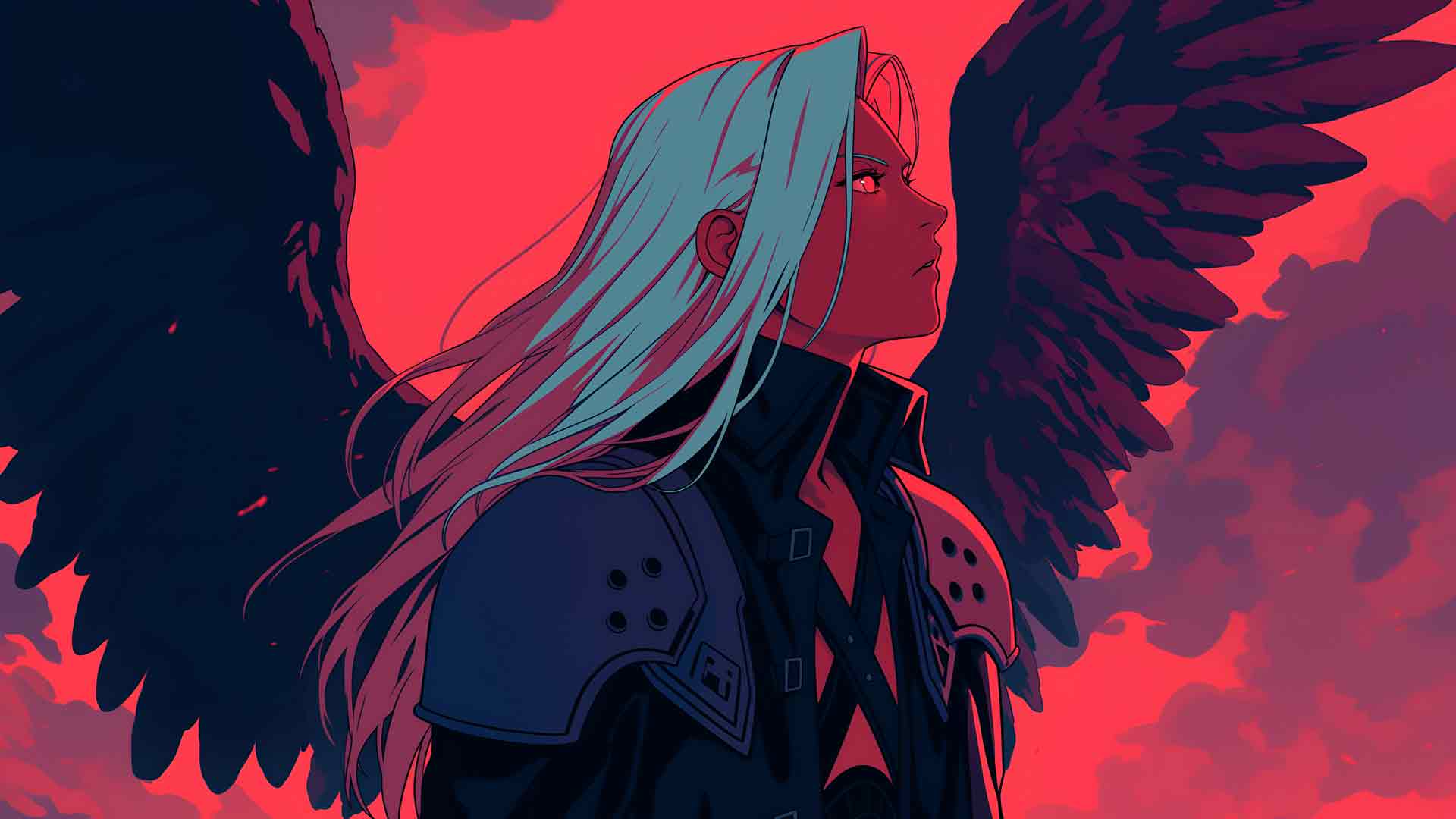 最终幻想萨菲罗斯在红色天空下展示他的黑色翅膀桌面壁纸