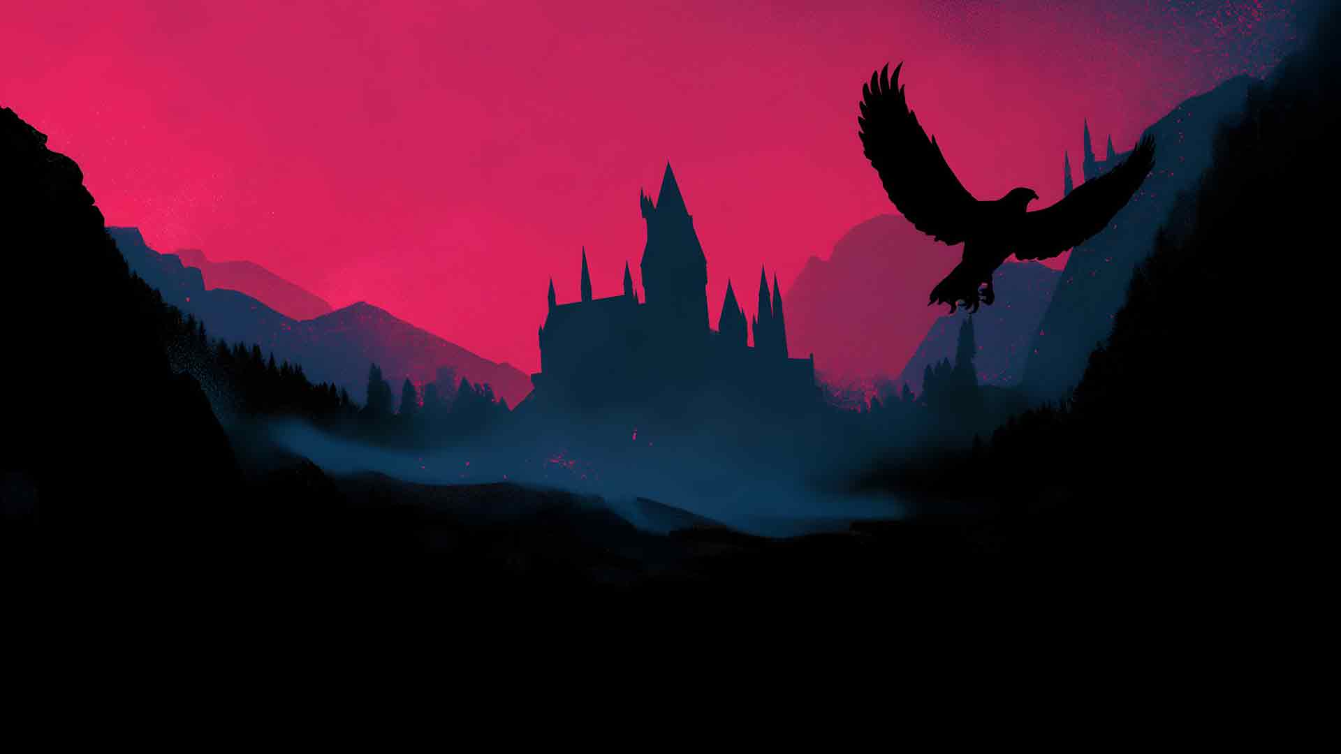 哈利波特霍格沃茨城堡粉色日落桌面壁纸