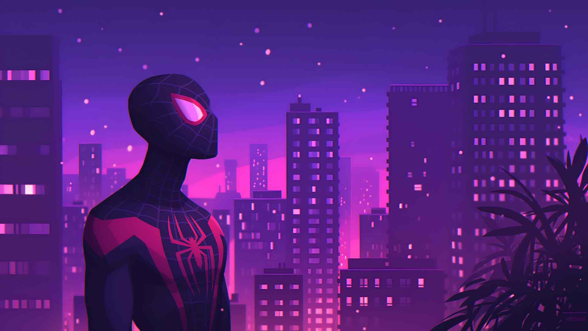 迈尔斯·莫拉莱斯 城市天际线紫色桌面壁纸