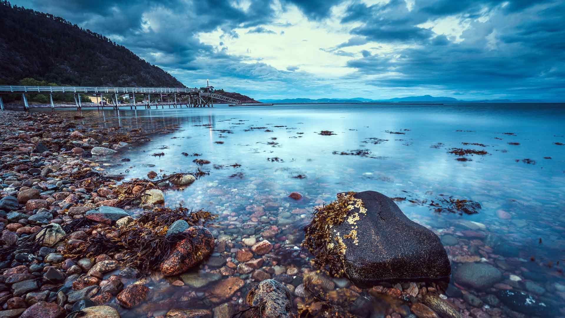 海岸岩石码头海洋黎明特隆赫姆挪威 5K