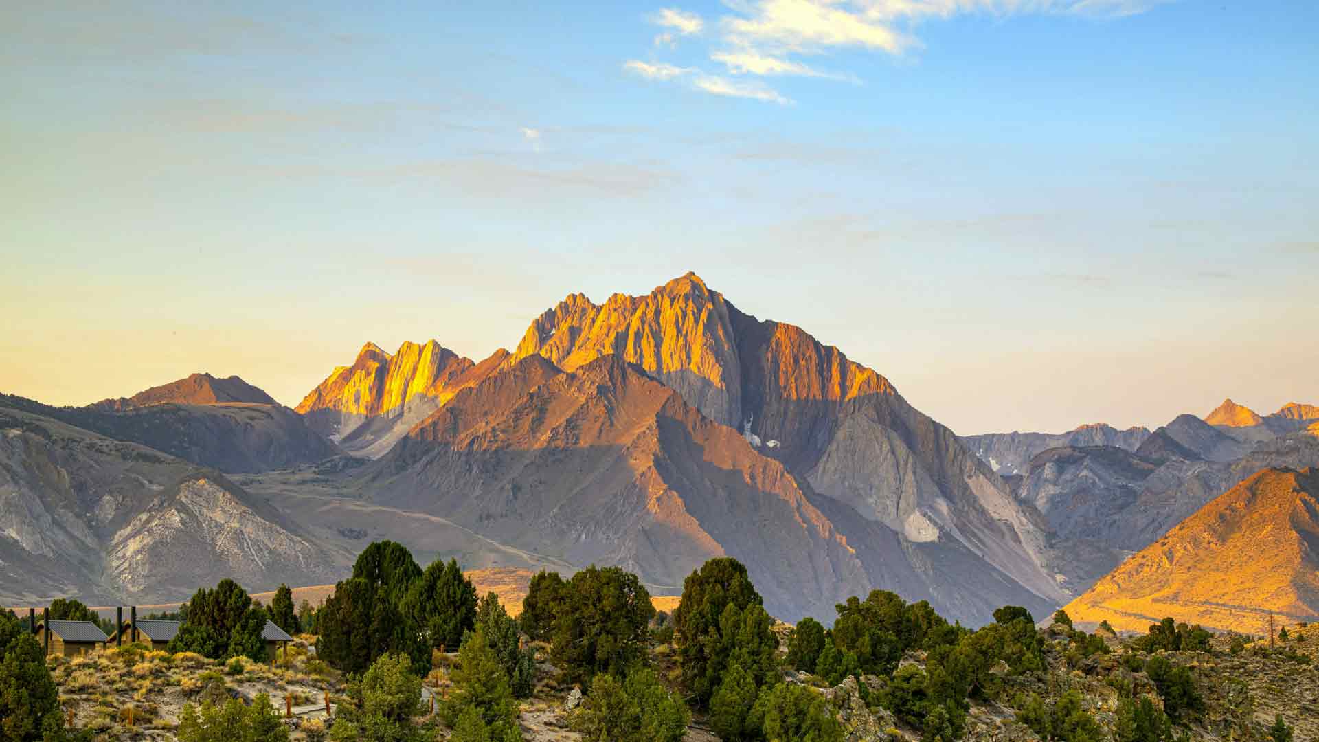 日出树木山谷落基山脉景色