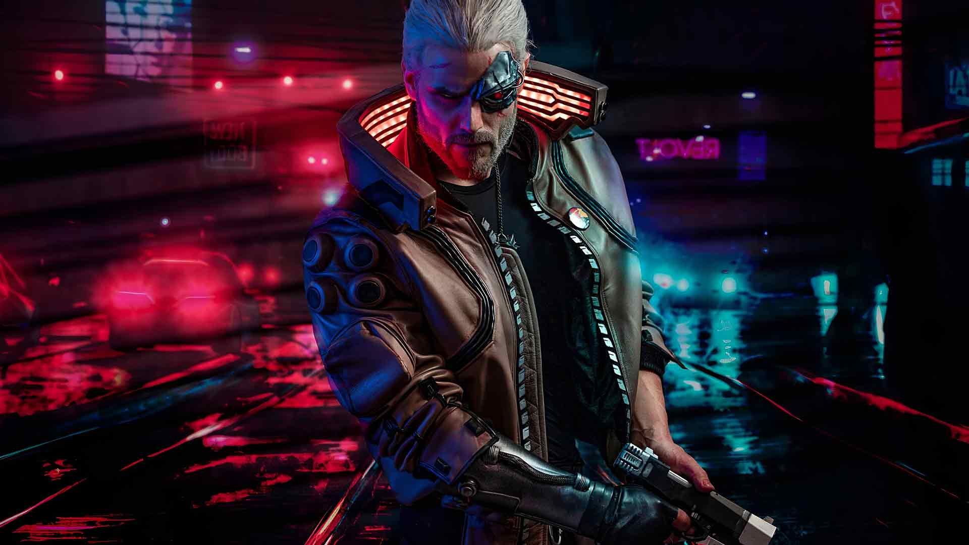 赛博朋克2077 V 带机械眼和枪的桌面壁纸