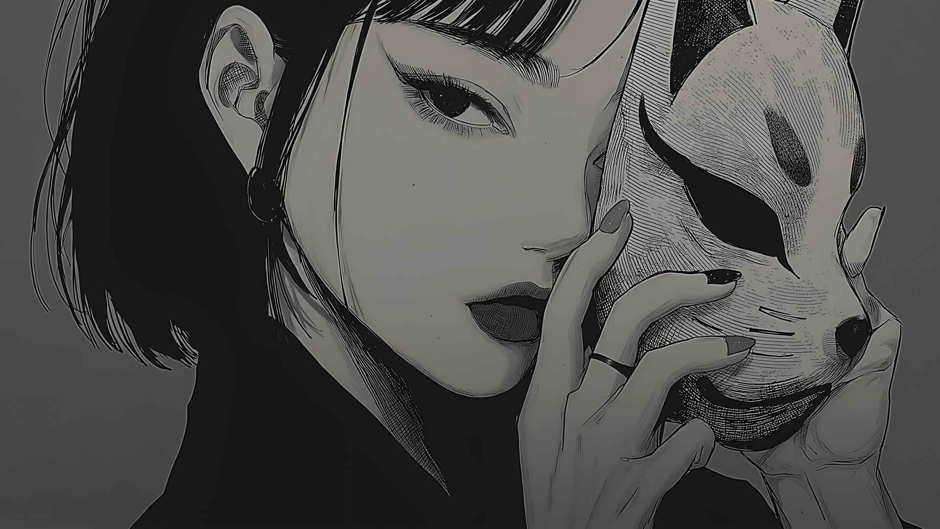 狐面少女动漫黑色桌面壁纸