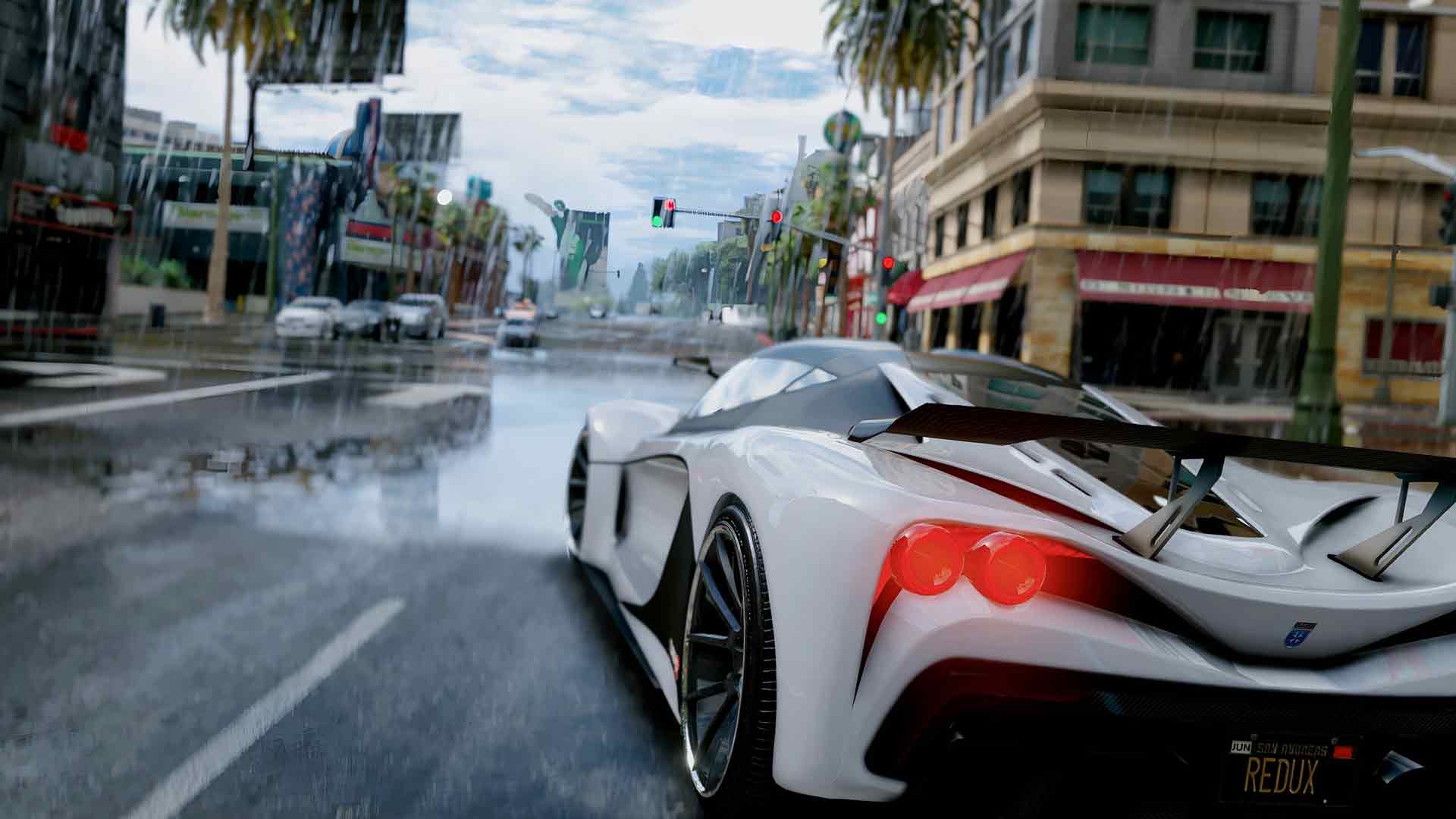 GTA V 白色超级跑车雨街桌面壁纸