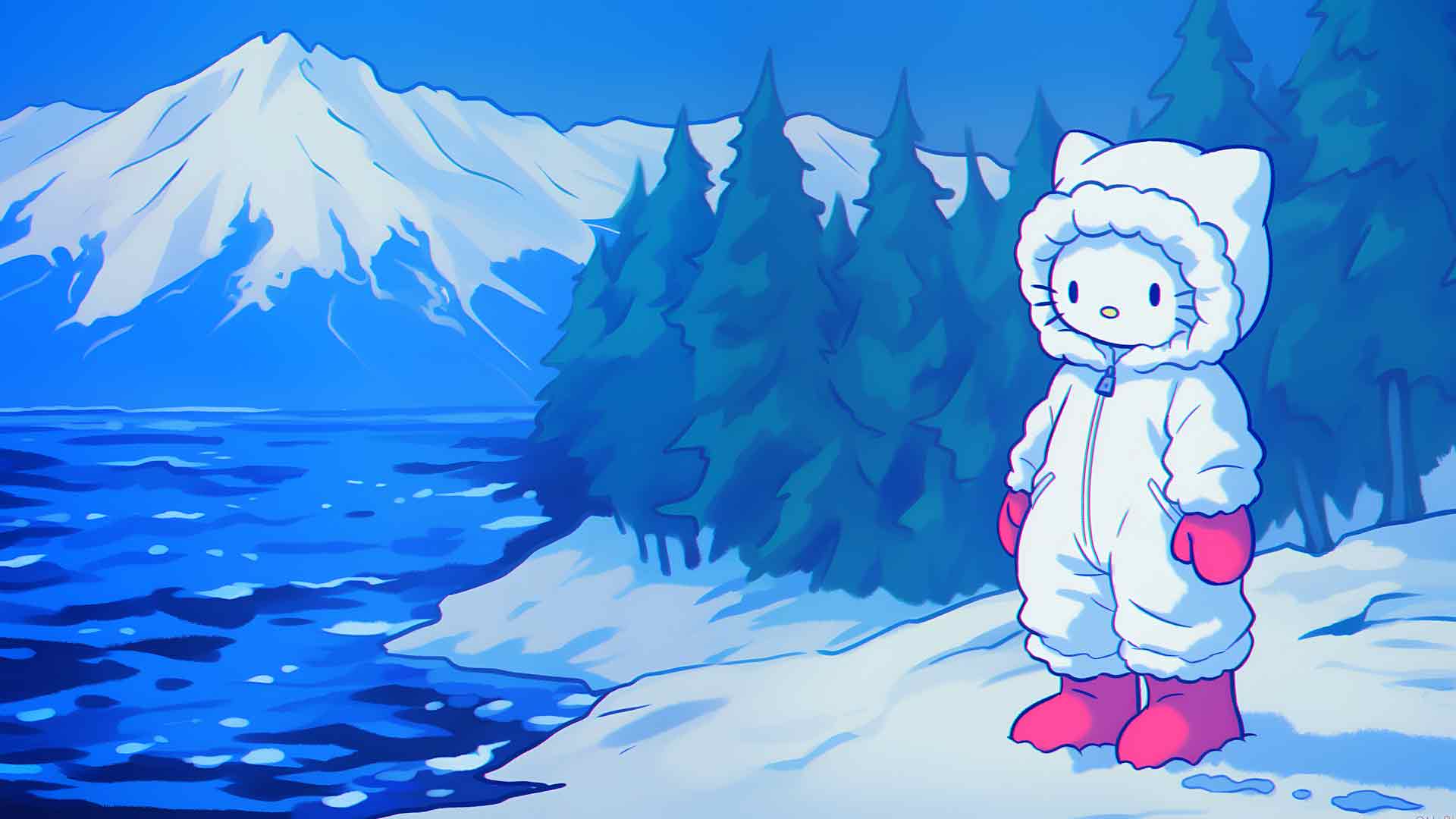 Hello Kitty 冬装山河桌面壁纸